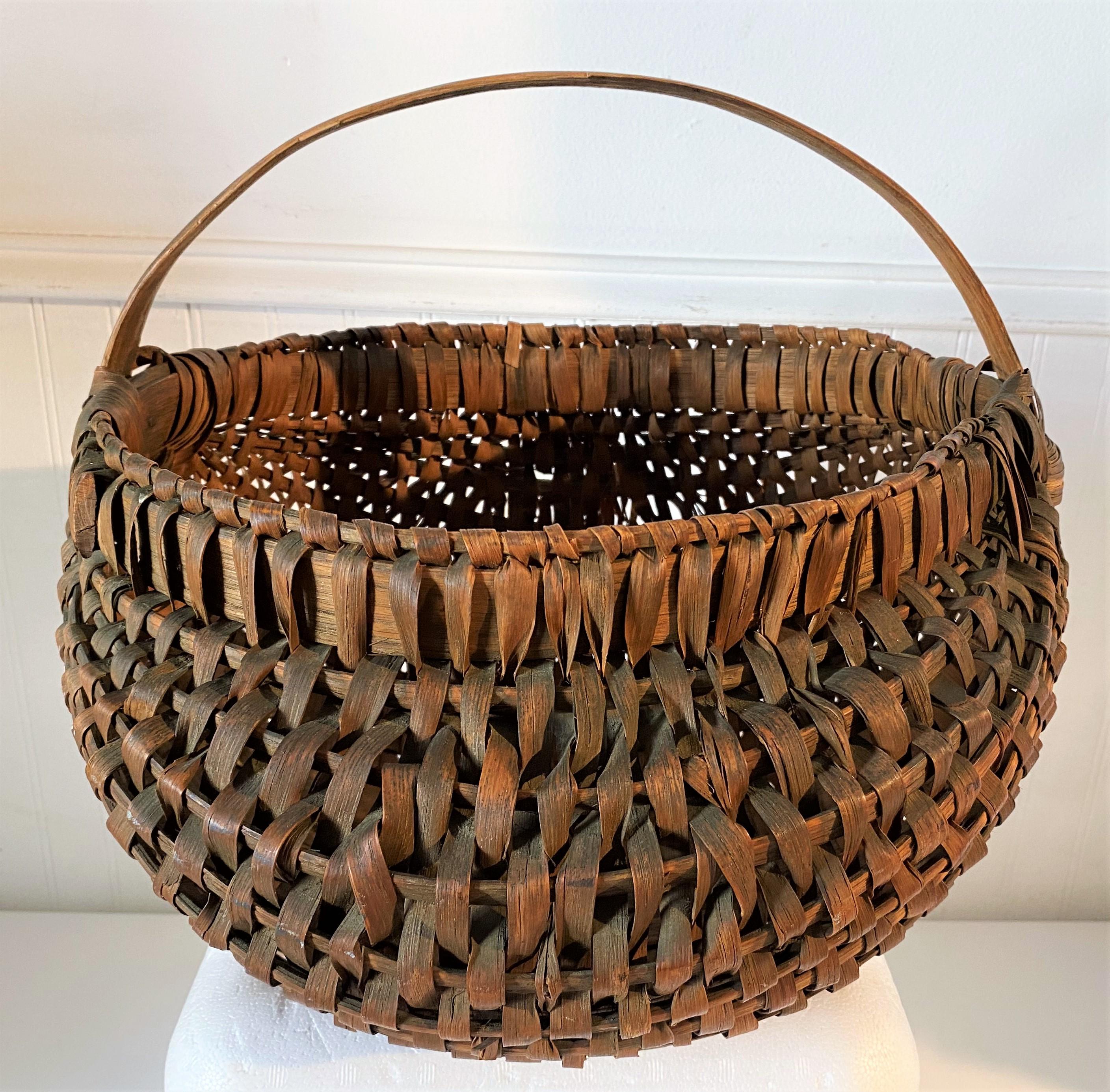 Adirondack Large 19th C Hand Woven Buttocks Handled Basket from New England
