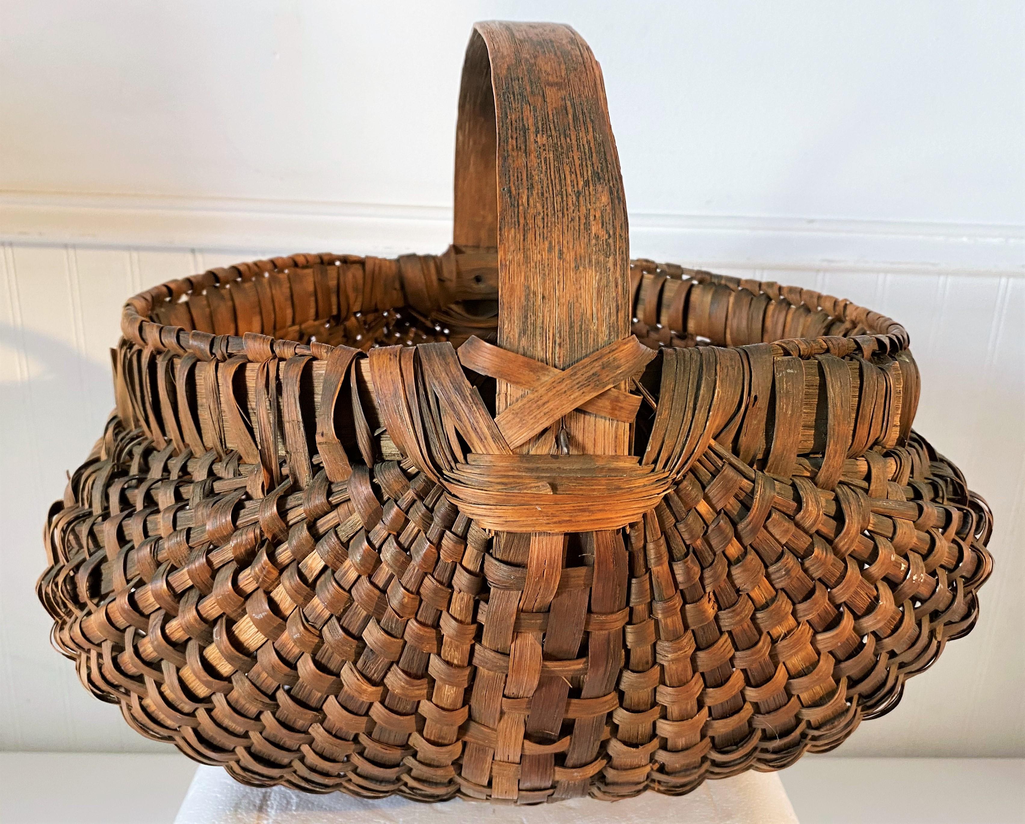 American Large 19th C Hand Woven Buttocks Handled Basket from New England