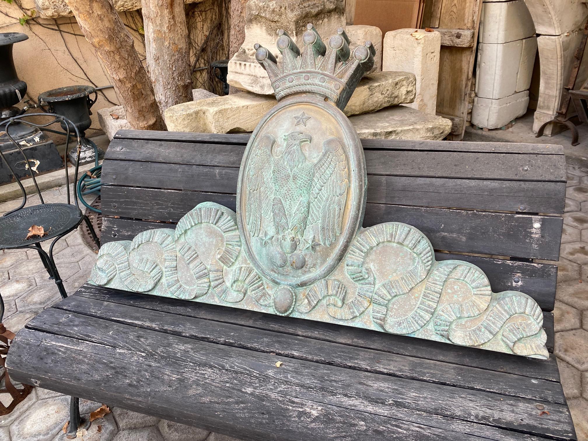 Beautiful Early 19th century heavy bronze imperial armorial armoirie coat of arms with scrolls and sand balls bezant and topped with a crown as an emblem of indisputable sovereignty with the Baronial Authority. Great to use as a sculpture mounted