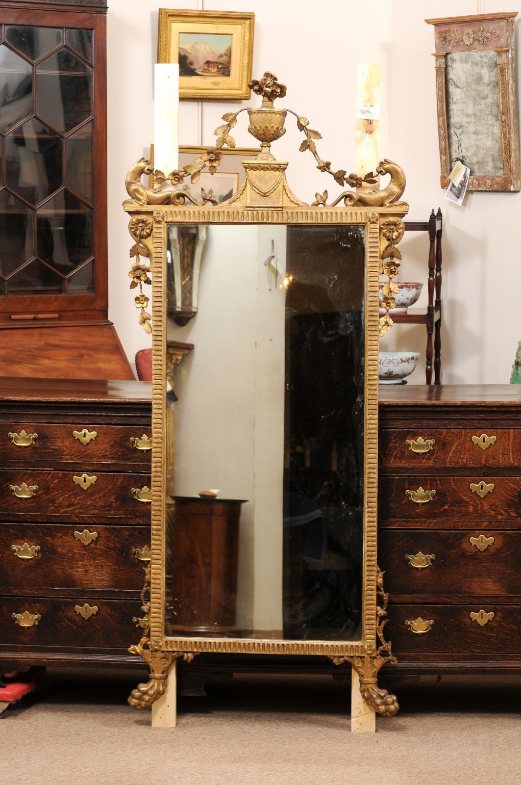 Large 19th C Italian Neoclassical Giltwood Mirror with Urn Crest & Paw Feet In Good Condition For Sale In Atlanta, GA