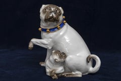 Large 19th C. Meissen Porcelain Figure, Pug Mother & Child w/ Gilt Bell Collar