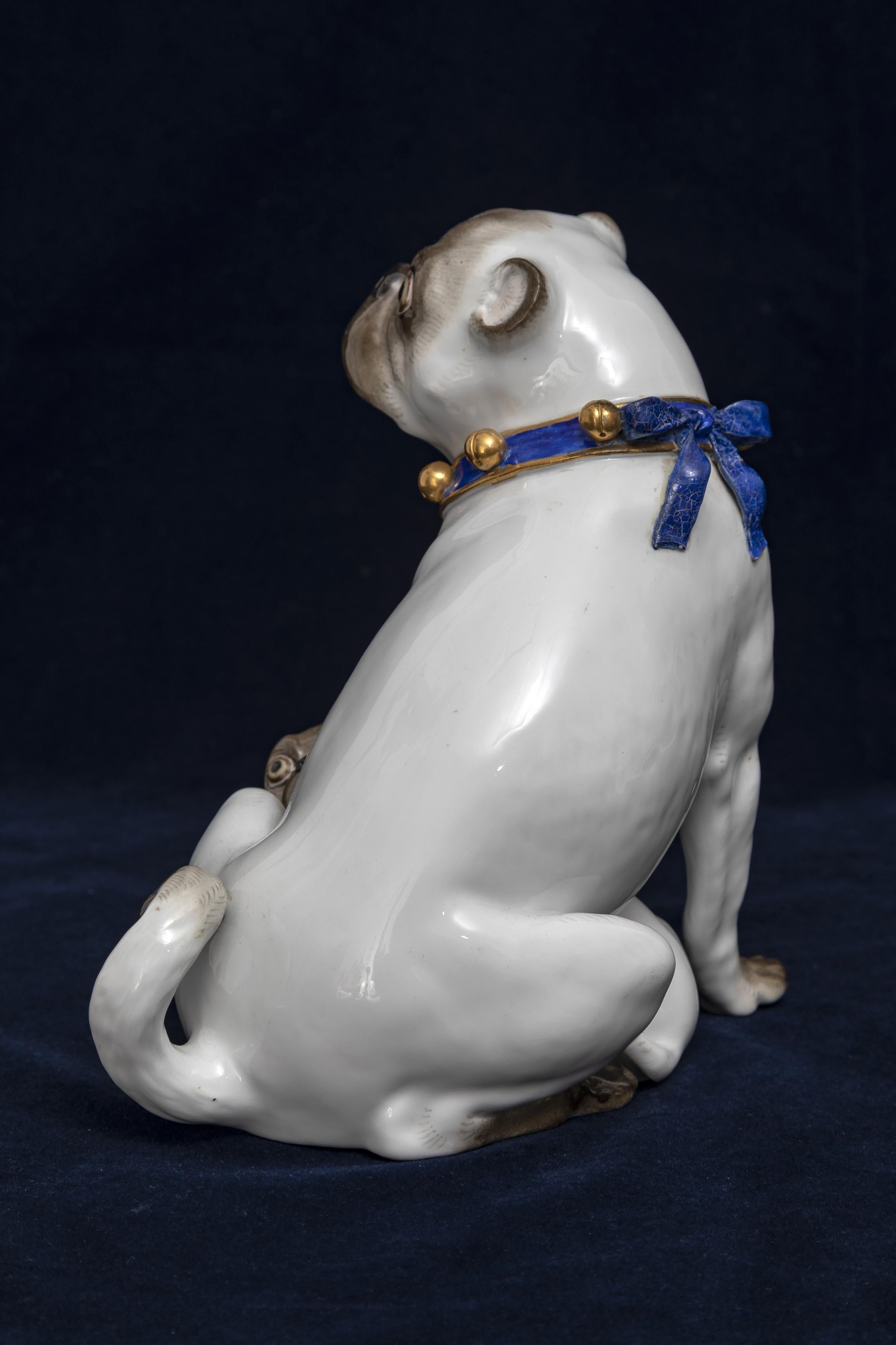 Large 19th C. Meissen Porcelain Figure, Pug Mother & Child w/ Gilt Bell Collar For Sale 1