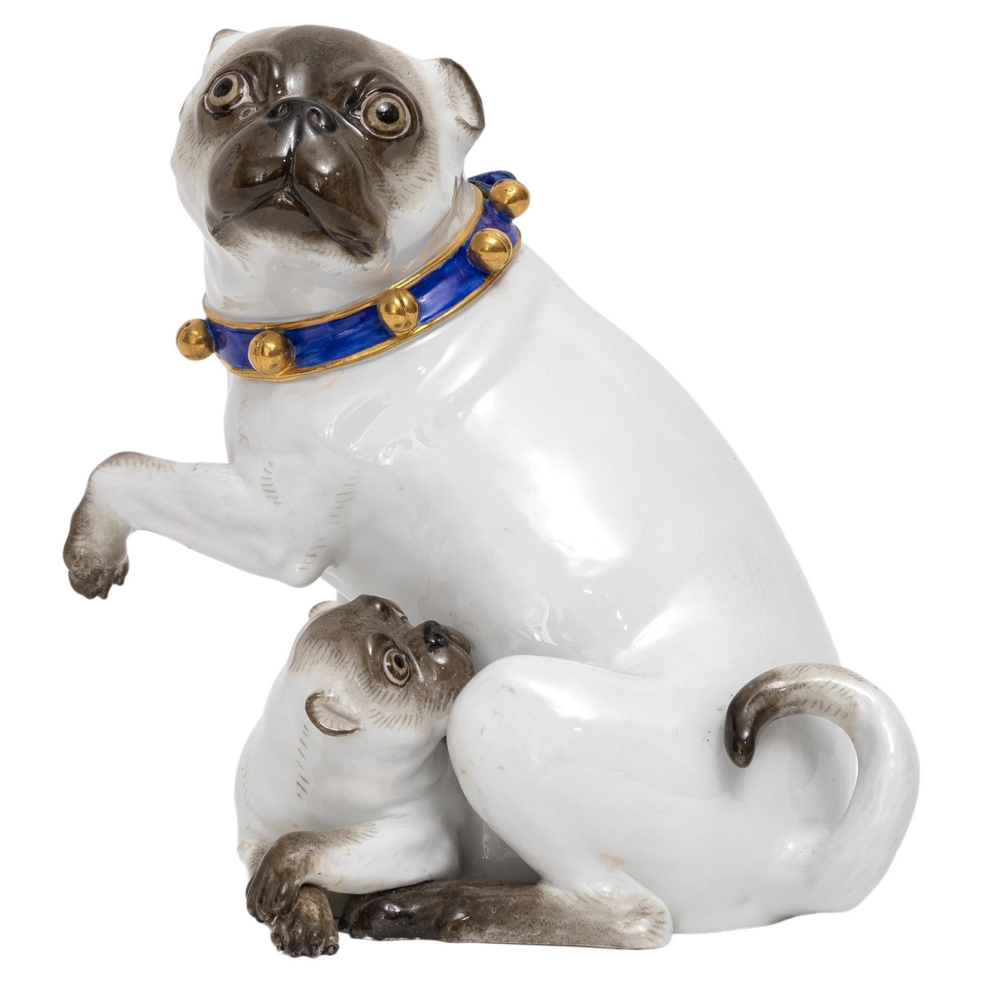 Large 19th C. Meissen Porcelain Figure, Pug Mother & Child w/ Gilt Bell Collar For Sale