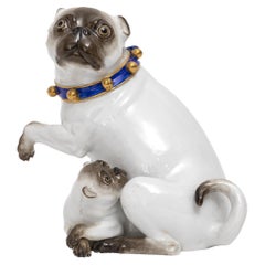 Large 19th C. Meissen Porcelain Figure, Pug Mother & Child w/ Gilt Bell Collar
