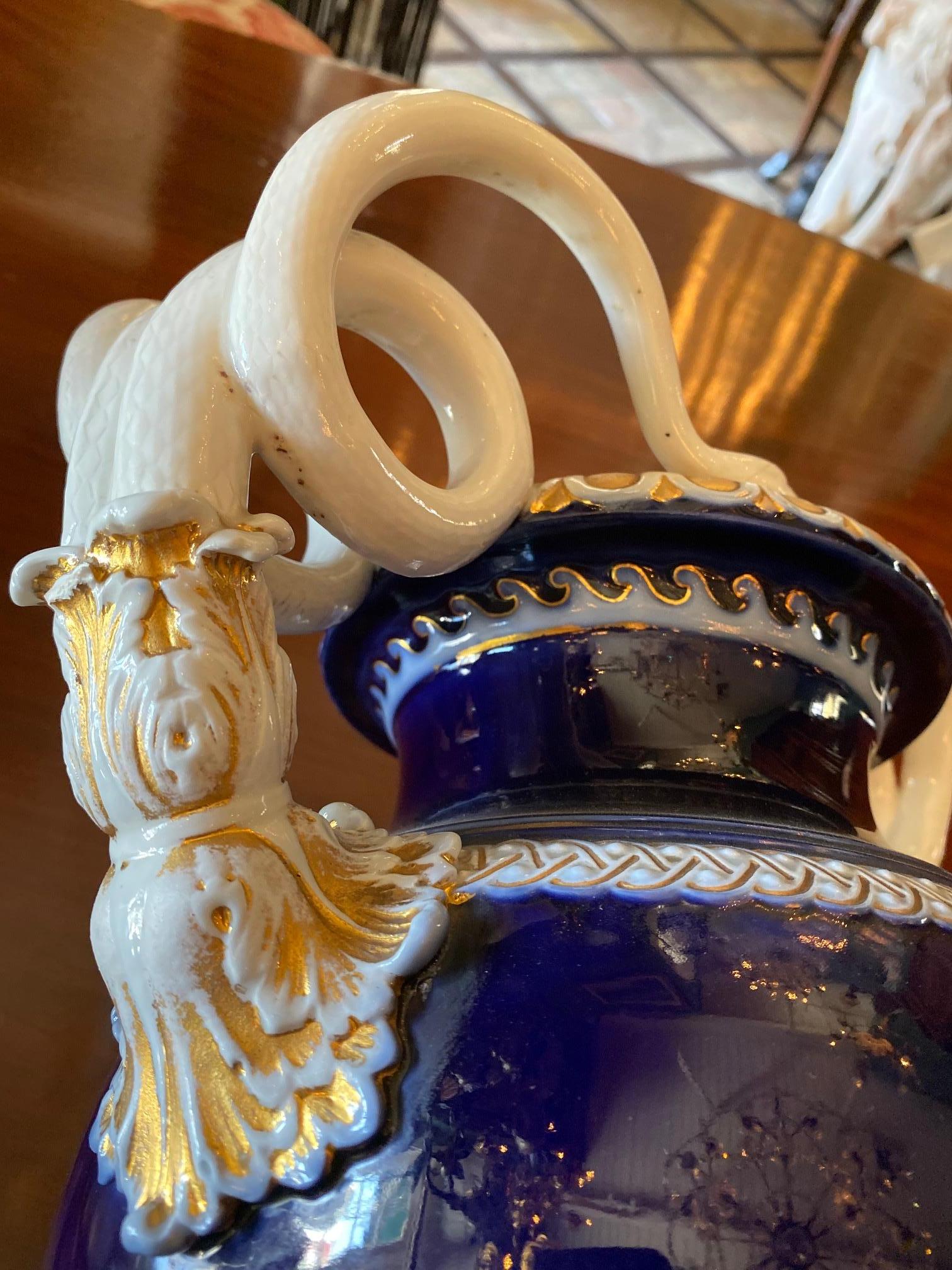 European Large Meissen Porcelain Gilt Cobalt Vase Urn Centerpiece Decorative LA