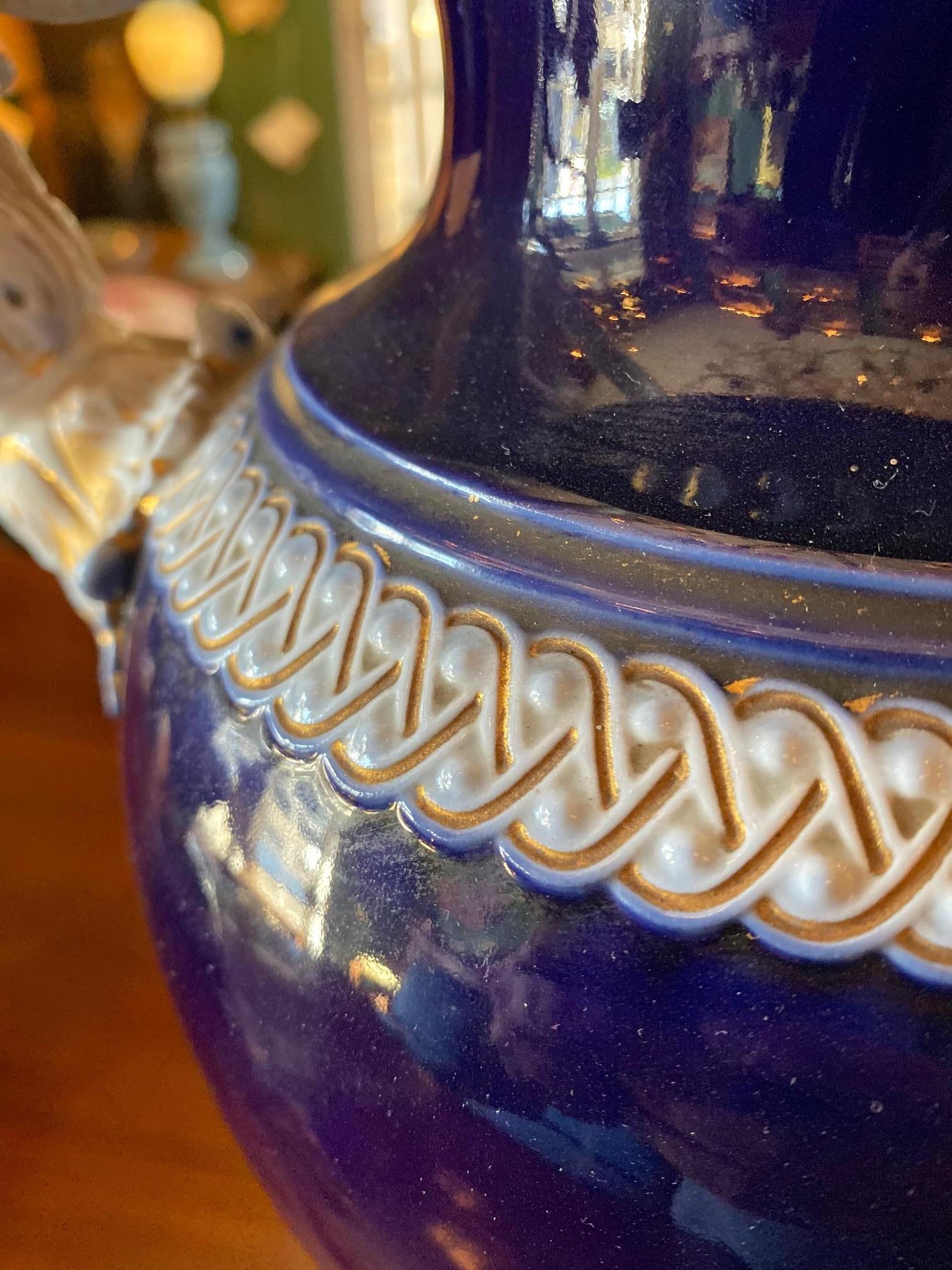 Hand-Crafted Large Meissen Porcelain Gilt Cobalt Vase Urn Centerpiece Decorative LA