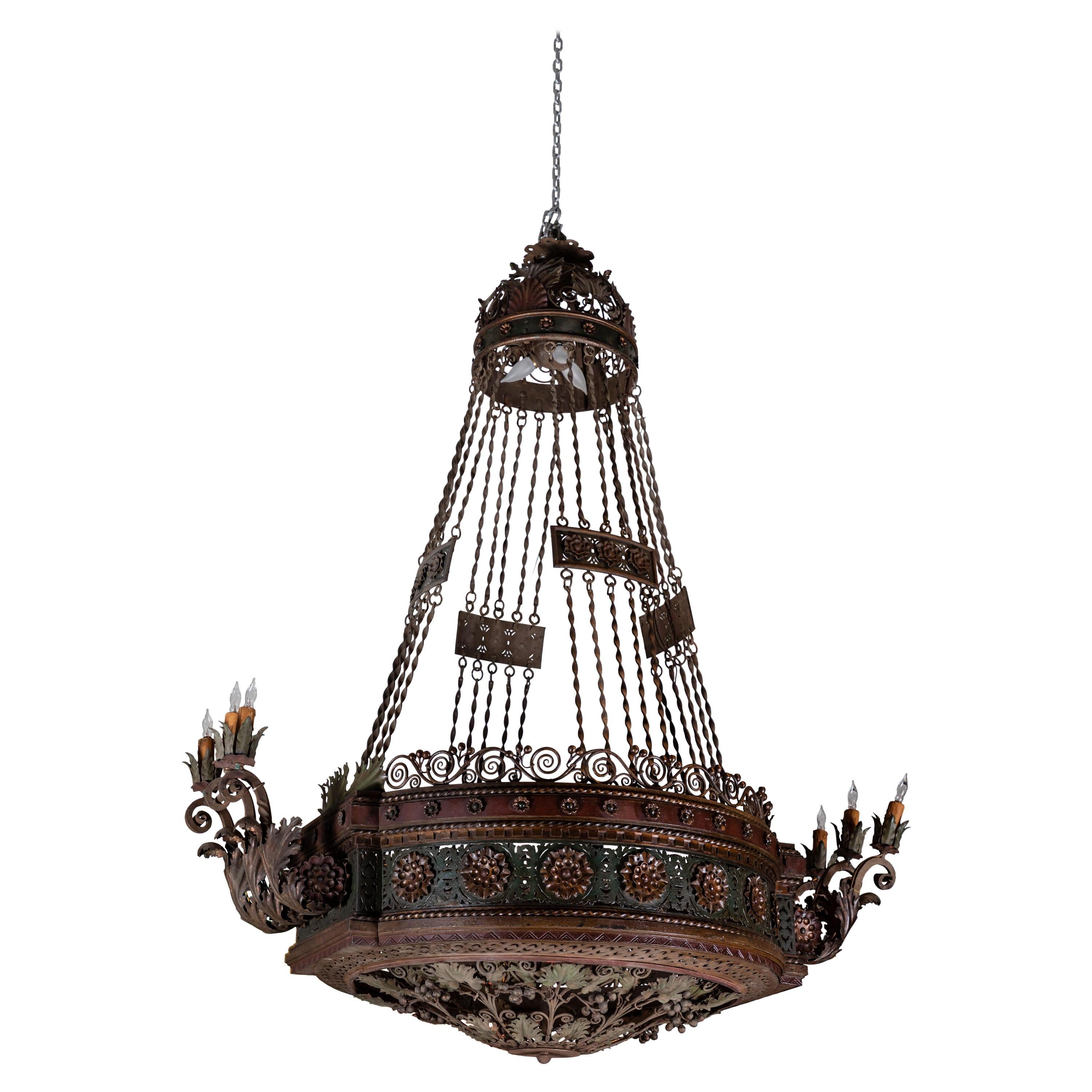Large, 19th Century Patinated Iron Chandelier