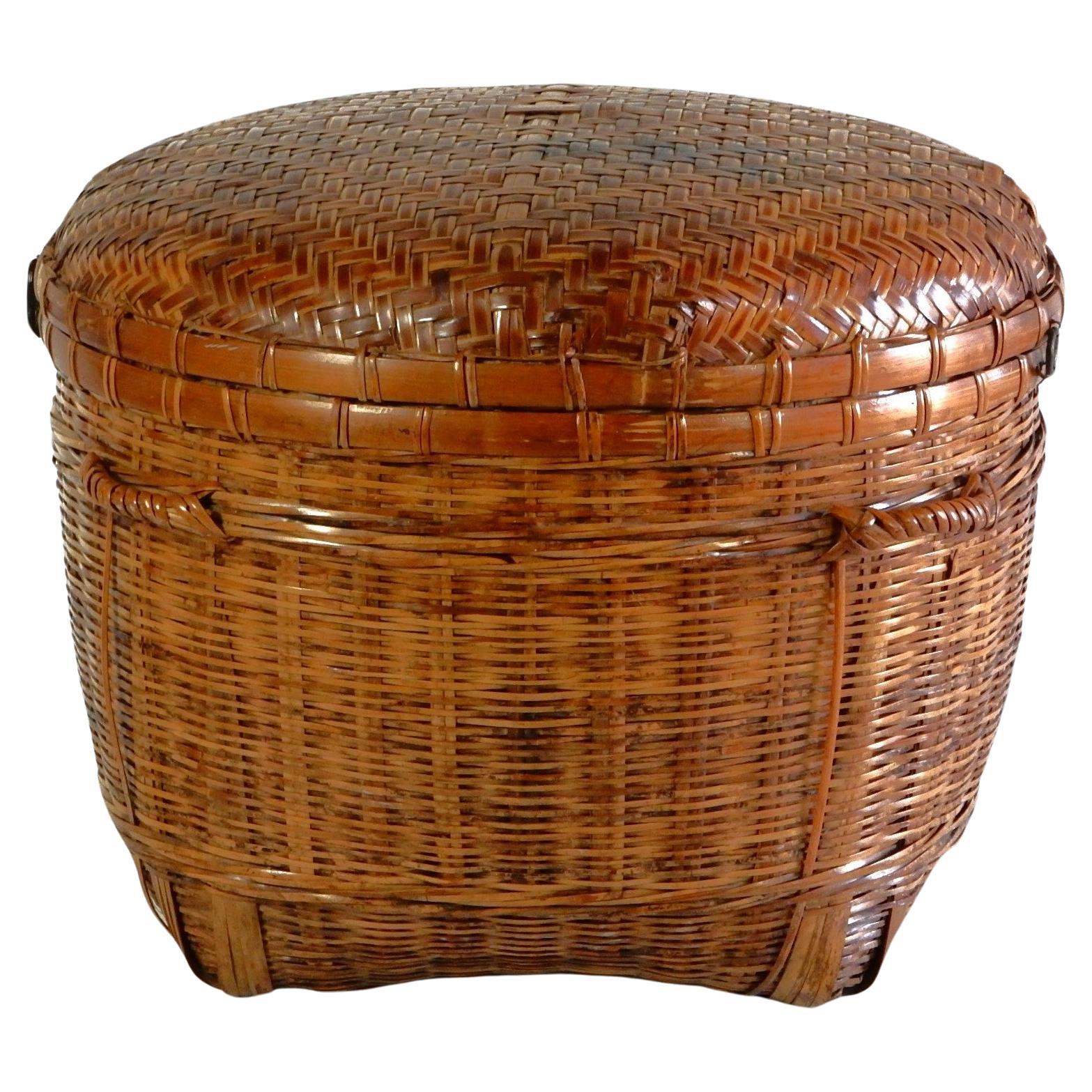 Large 19th C. Qing period Chinese Woven Bamboo & Cane Lidded Basket  For Sale