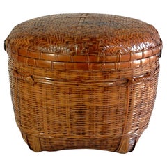 Retro Large 19th C. Qing period Chinese Woven Bamboo & Cane Lidded Basket 
