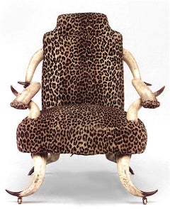 Rustic Continental Horn & Leopard Arm Chair