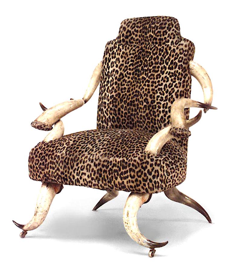 European Rustic Continental Horn & Leopard Arm Chair For Sale