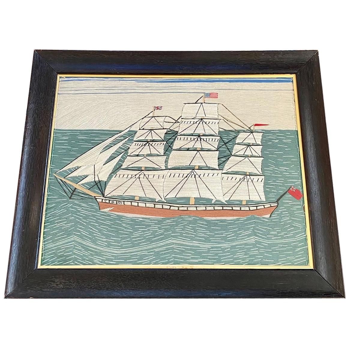 Large 19th C. Sailor's Woolie of a British Merchant Ship Flying American Flag