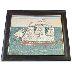 Large 19th C. Sailor's Woolie of a British Merchant Ship Flying American Flag