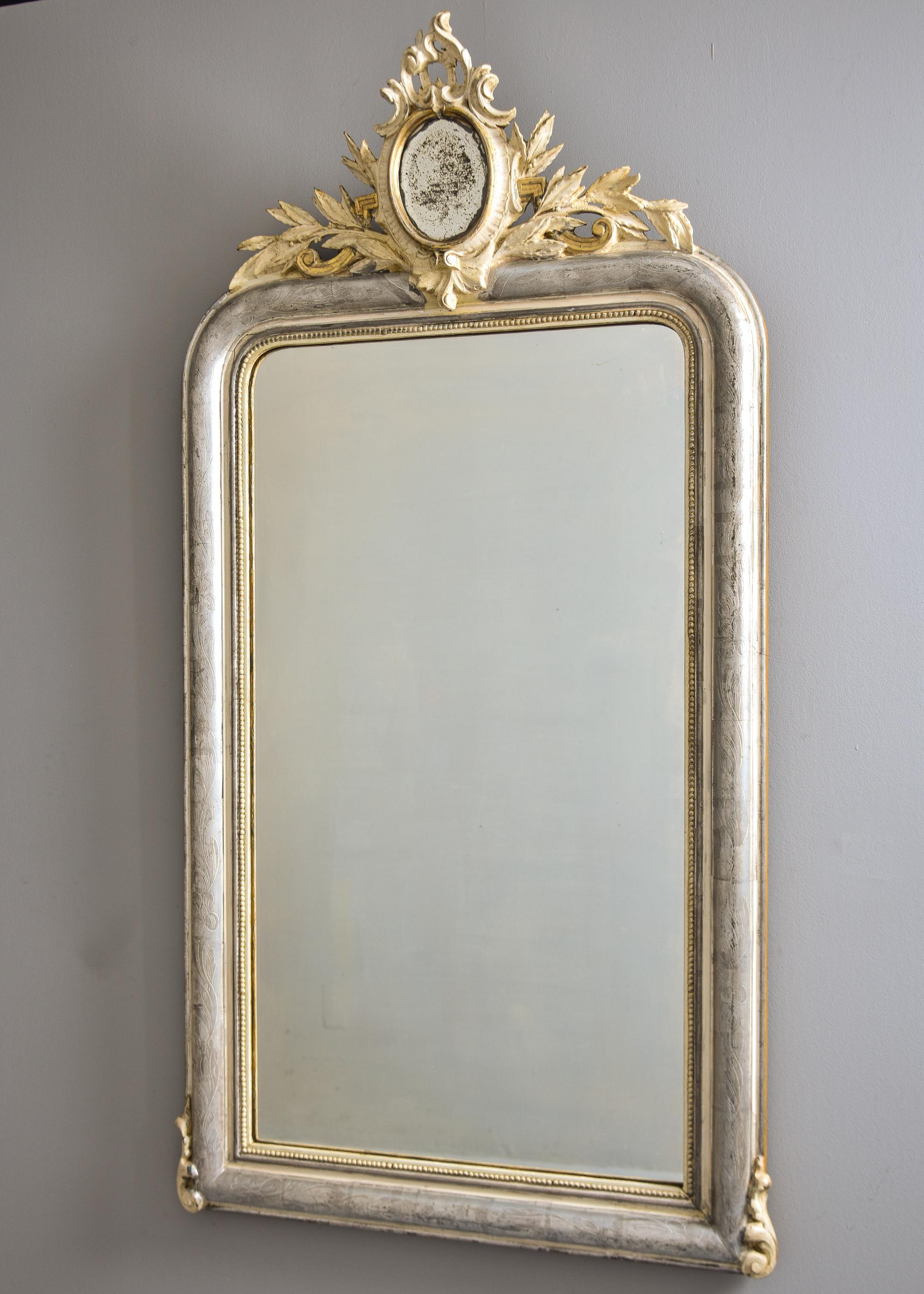 French Large 19th C Silver Louis Philippe Mirror with Gilded Mirror Crest For Sale