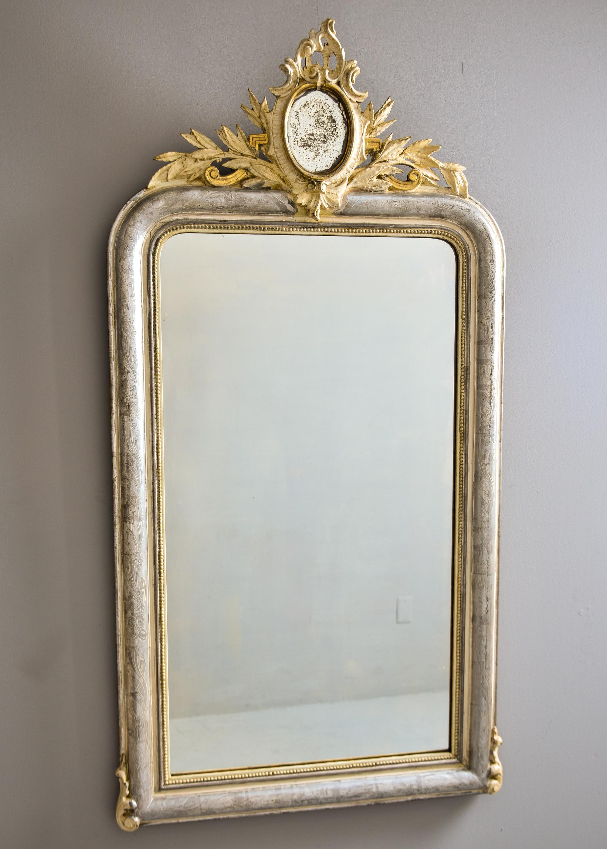 Large 19th C Silver Louis Philippe Mirror with Gilded Mirror Crest In Good Condition For Sale In Troy, MI