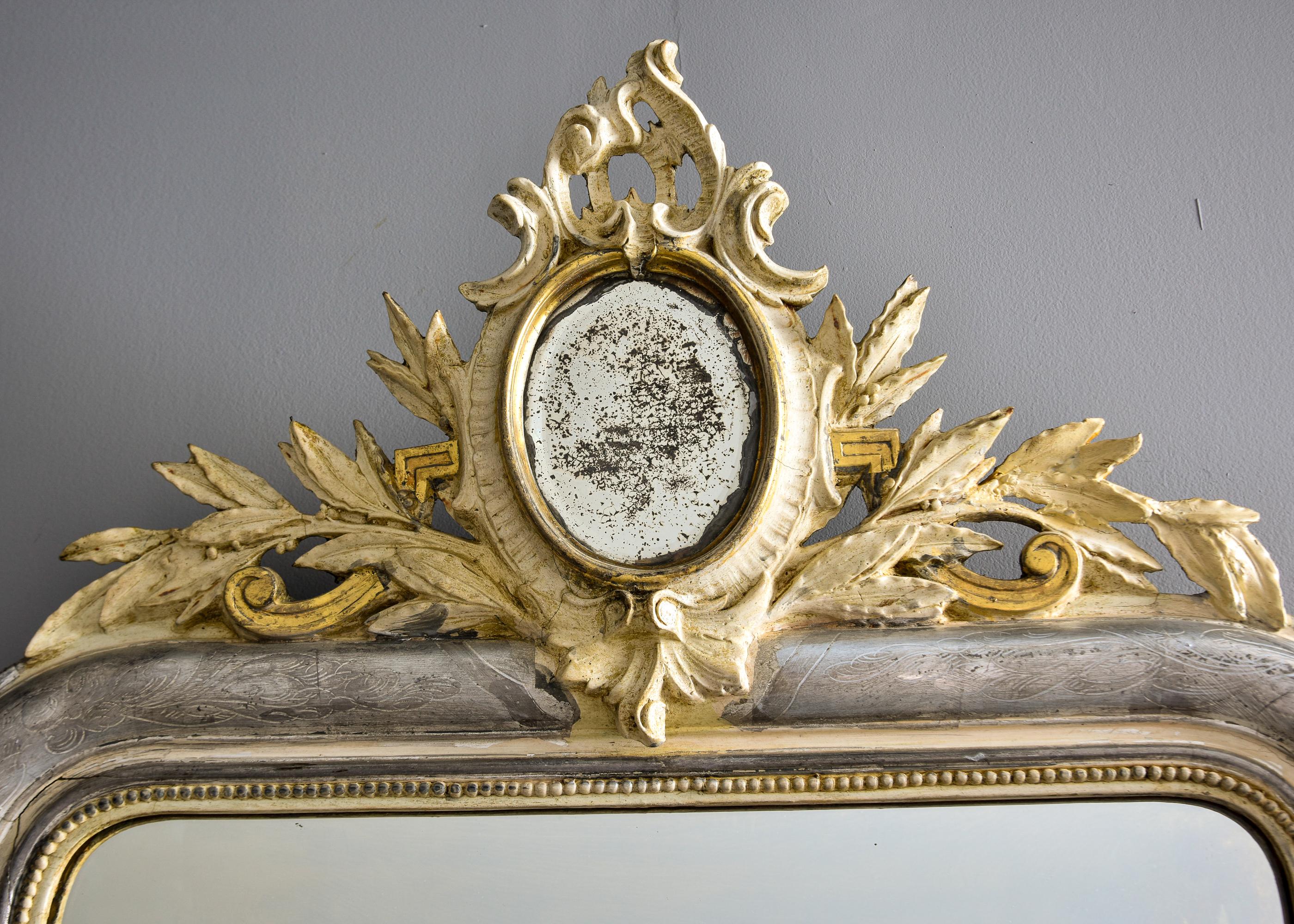 19th Century Large 19th C Silver Louis Philippe Mirror with Gilded Mirror Crest For Sale