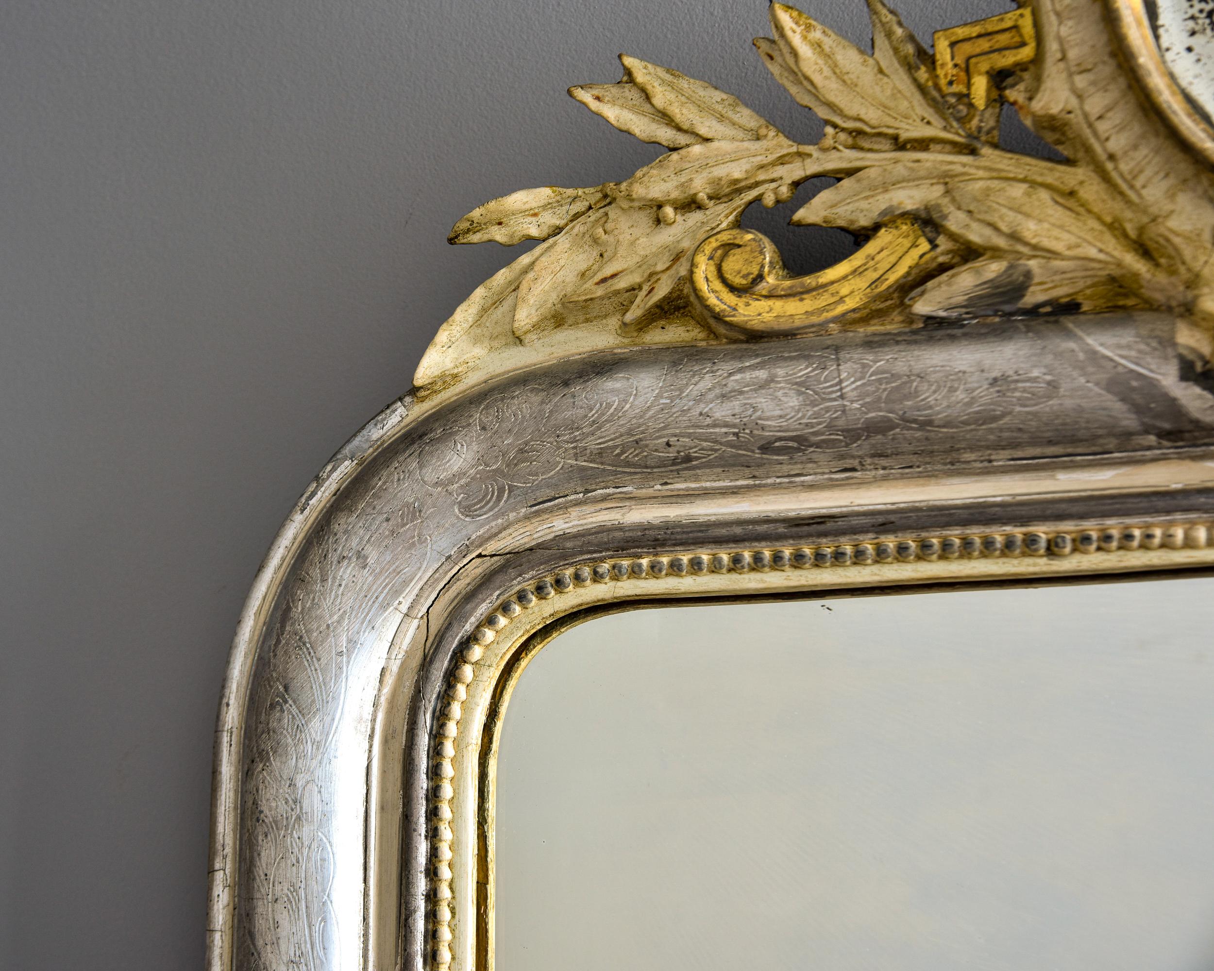 Large 19th C Silver Louis Philippe Mirror with Gilded Mirror Crest For Sale 1