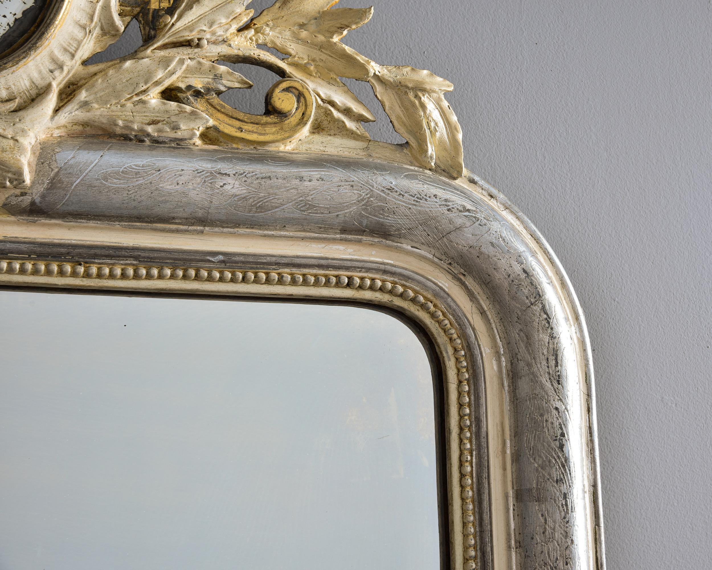 Large 19th C Silver Louis Philippe Mirror with Gilded Mirror Crest For Sale 2