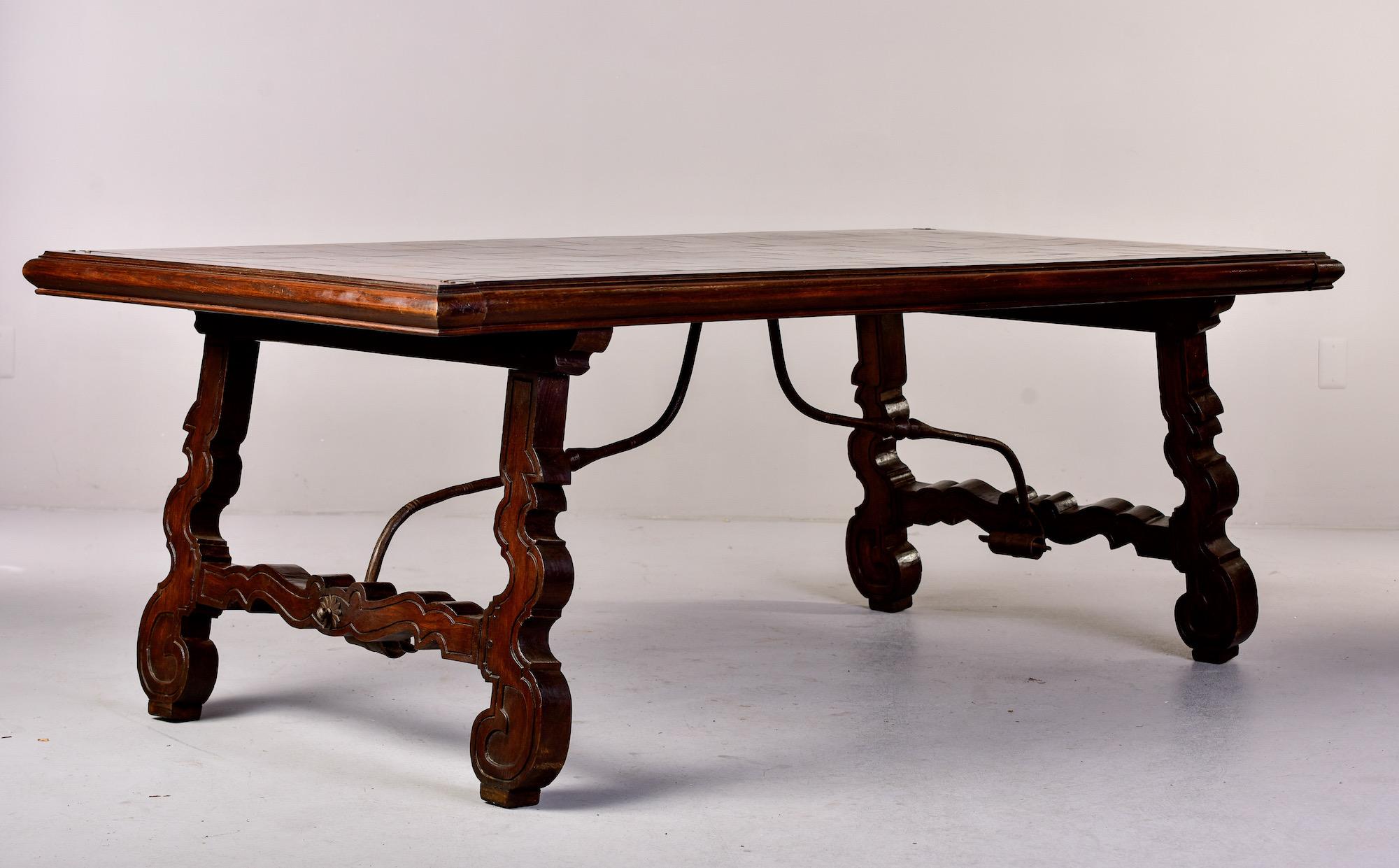 Large 19th C Spanish Walnut Table with Marquetry Top and Iron Stretcher For Sale 4