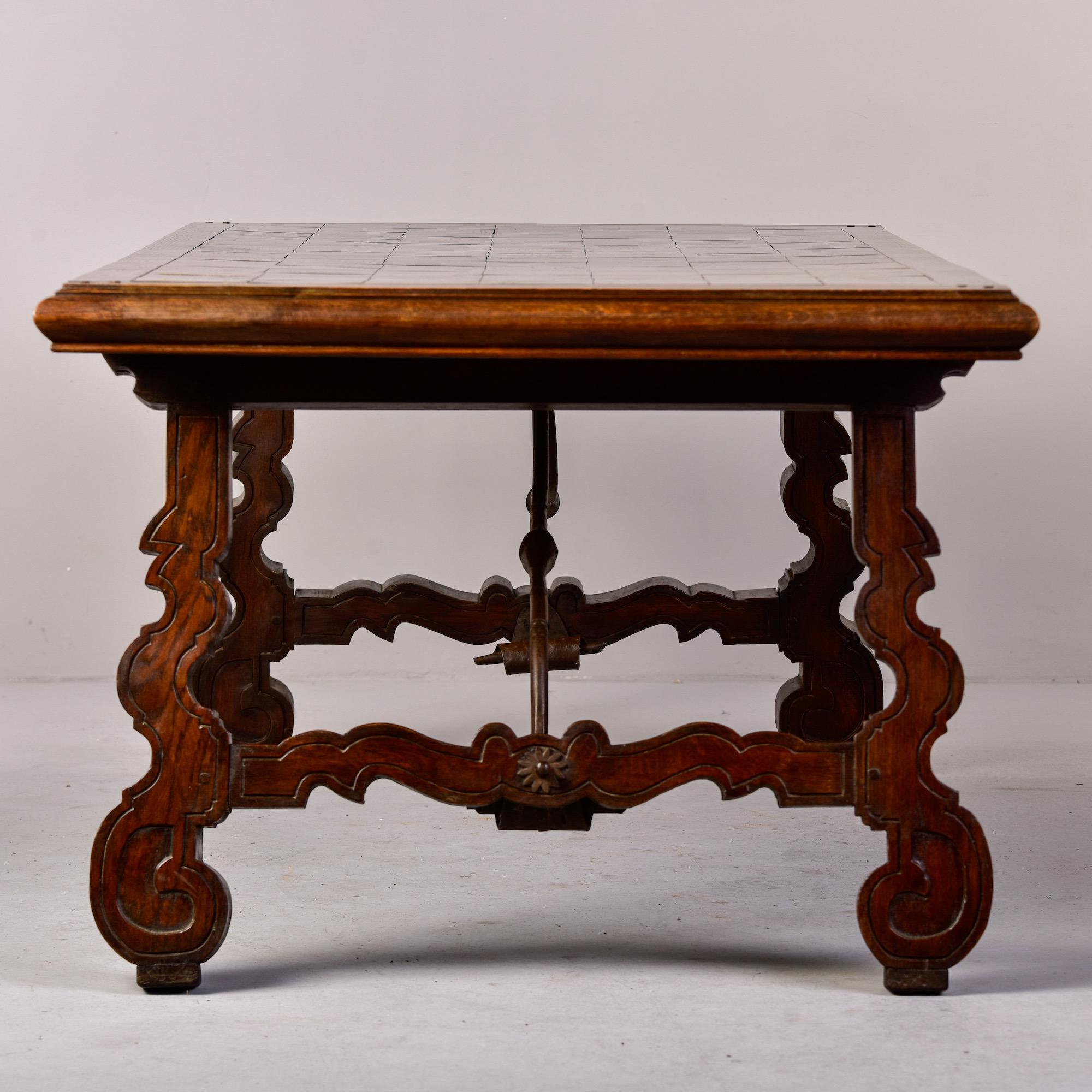 Large 19th C Spanish Walnut Table with Marquetry Top and Iron Stretcher For Sale 7