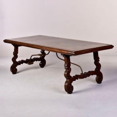 Large 19th C Spanish Walnut Table with Marquetry Top and Iron Stretcher