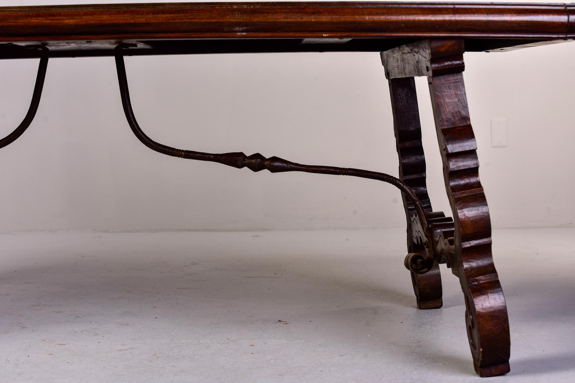 Forged Large 19th C Spanish Walnut Table with Marquetry Top and Iron Stretcher For Sale