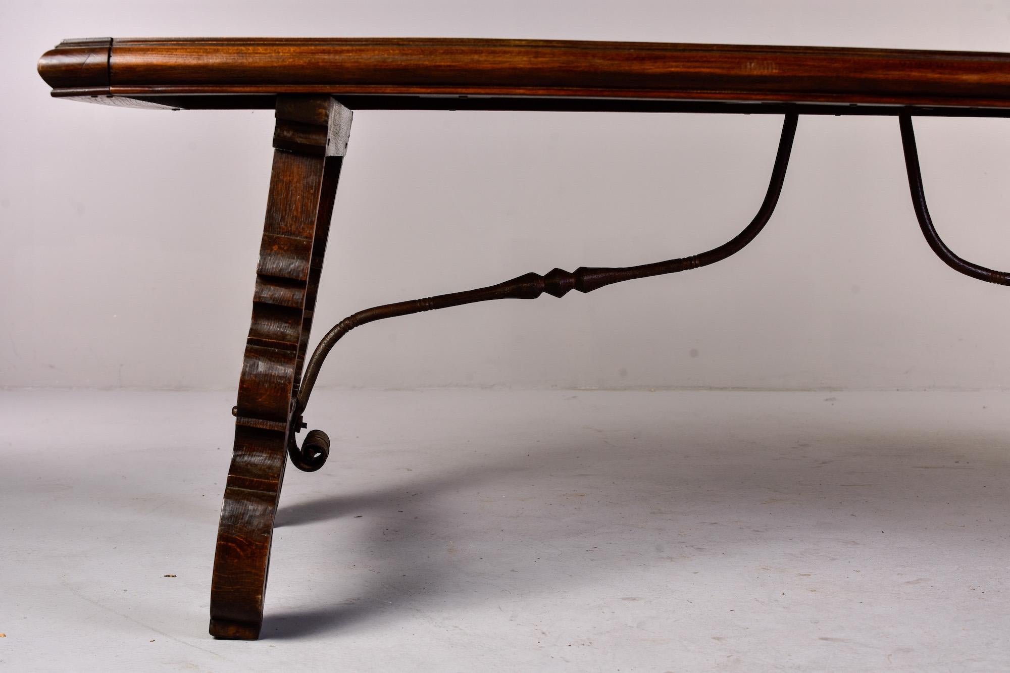 Large 19th C Spanish Walnut Table with Marquetry Top and Iron Stretcher In Good Condition For Sale In Troy, MI