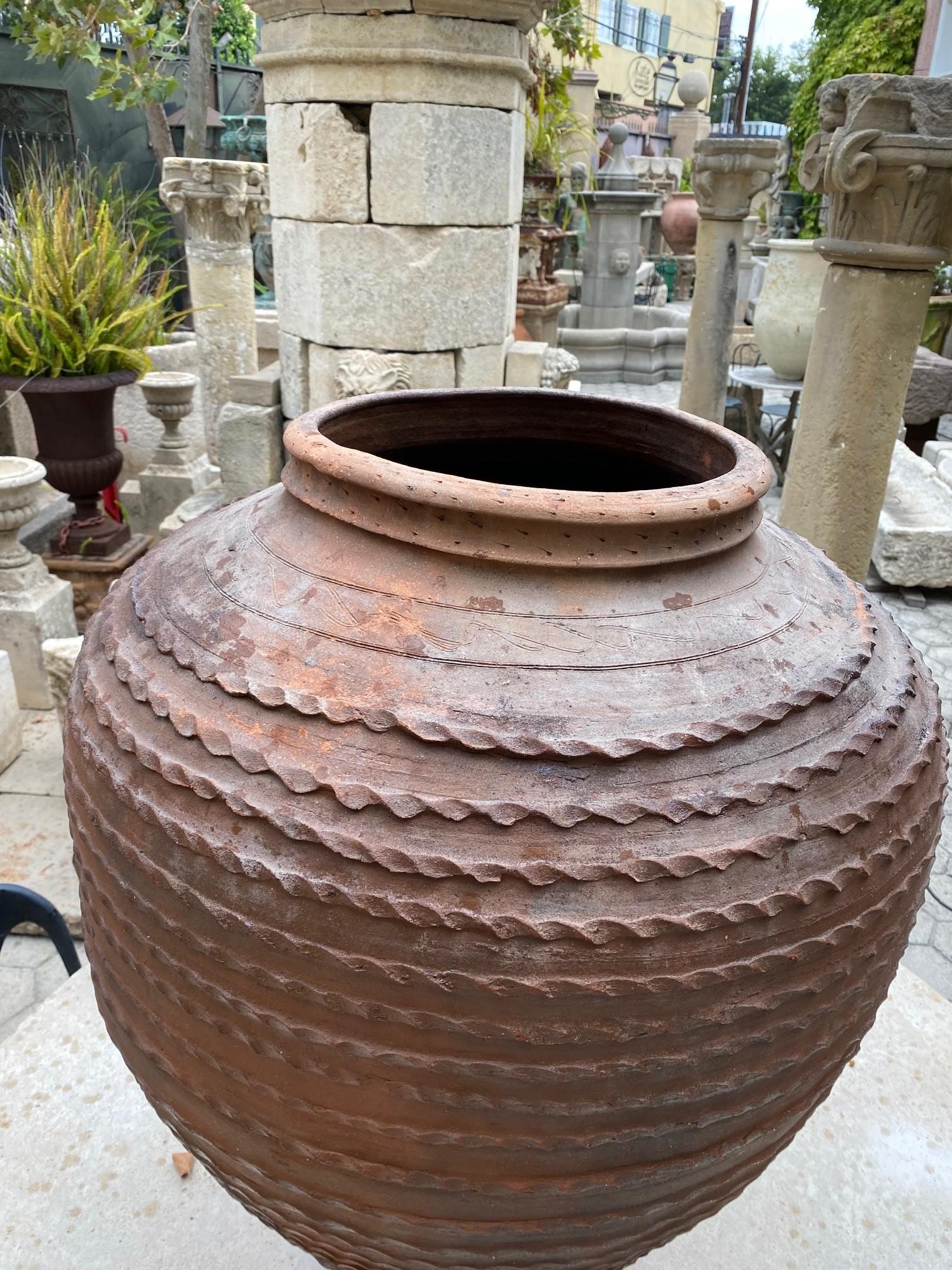 Hand-Crafted Large 19th C. Terracotta Olive Oil Jar Garden Urn Pot Planter Decorative Antique