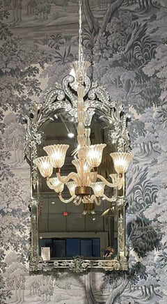 Grande s. XIX Espejo veneciano con grabado inverso y placa de espejo biselada original