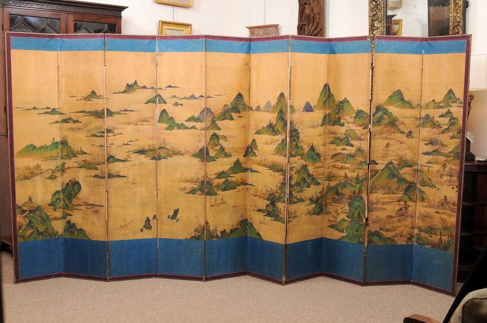 Large 19th Century 10 Panel Asian Painted Paper and Silk Folding Screen  7
