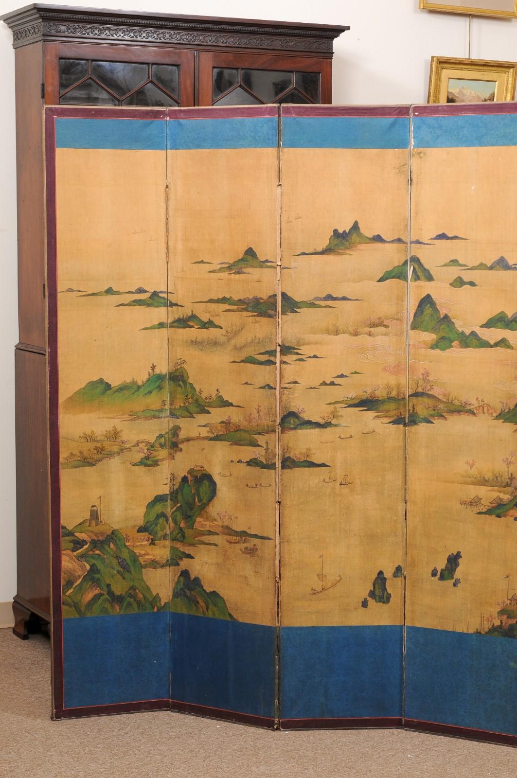 Large 19th Century 10 Panel Asian Painted Paper and Silk Folding Screen  8