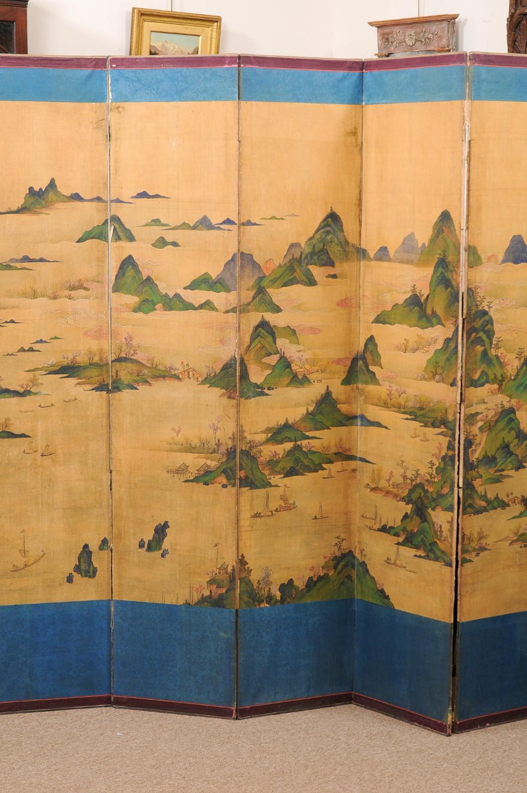 Large 19th Century 10 Panel Asian Painted Paper and Silk Folding Screen  9