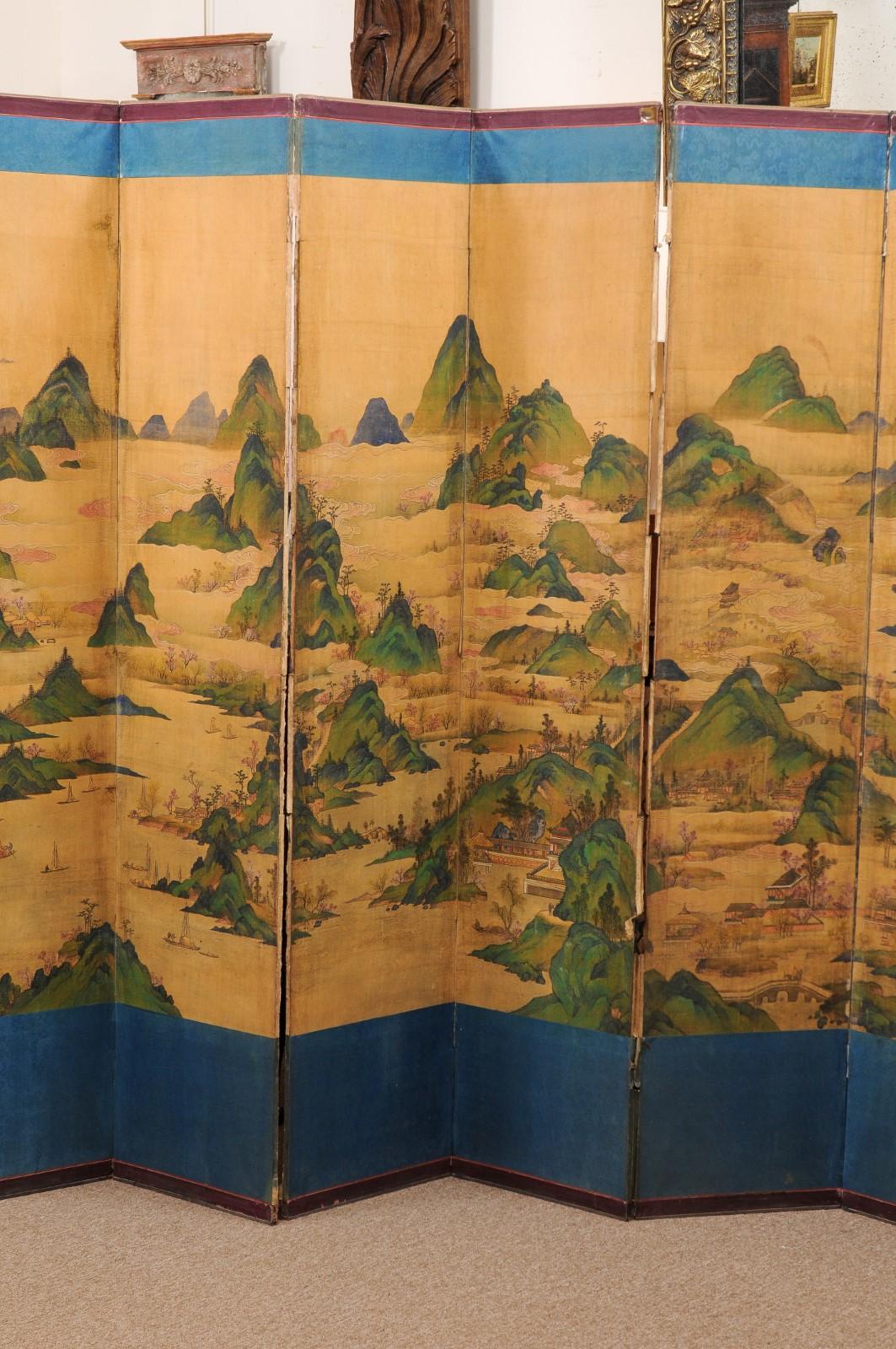Large 19th Century 10 Panel Asian Painted Paper and Silk Folding Screen  10