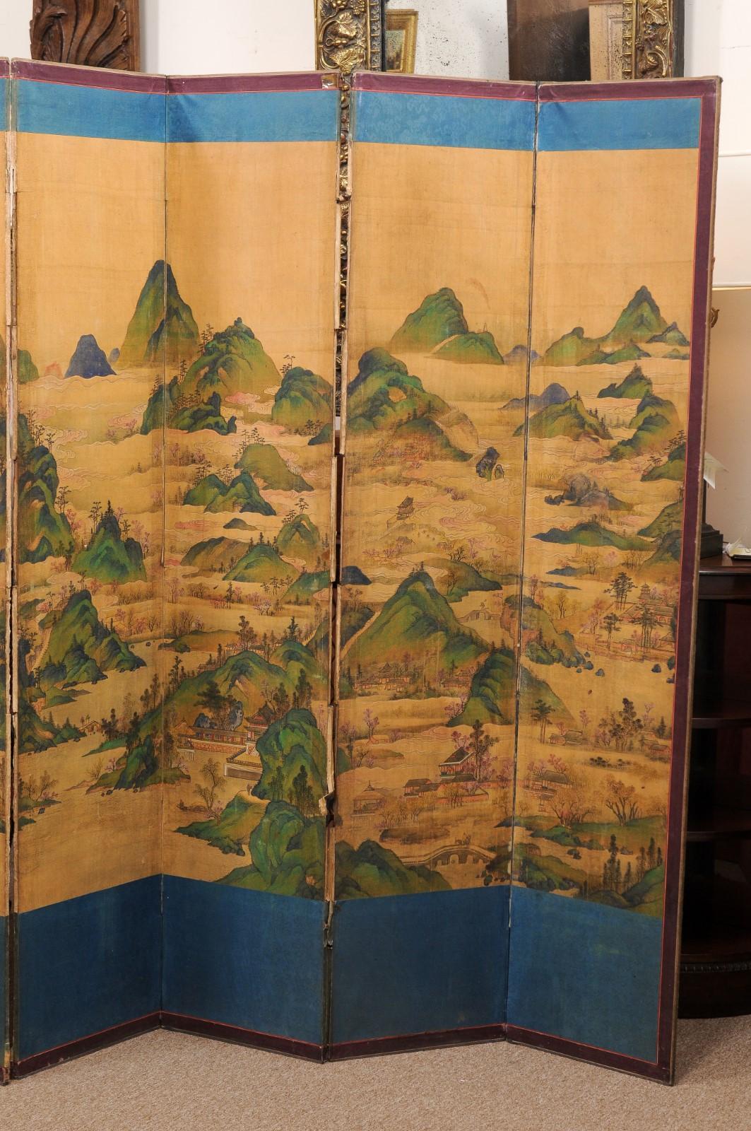 Large 19th Century 10 Panel Asian Painted Paper and Silk Folding Screen  11