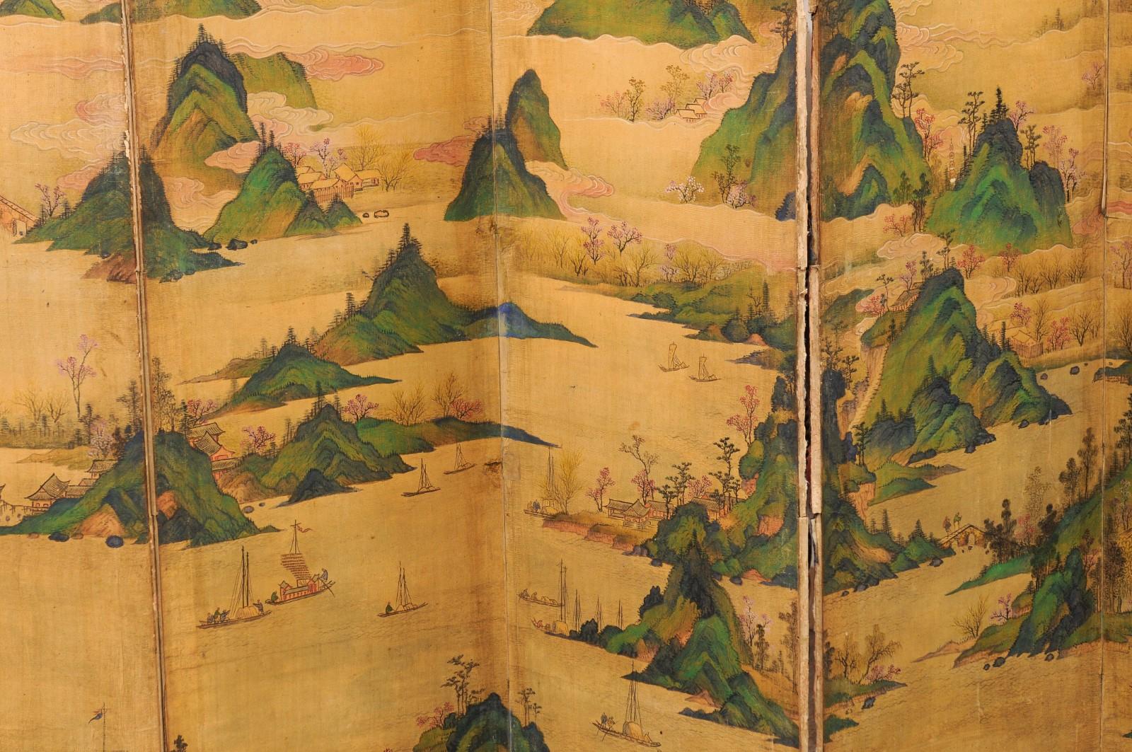 Large 19th Century 10 Panel Asian Painted Paper and Silk Folding Screen  12