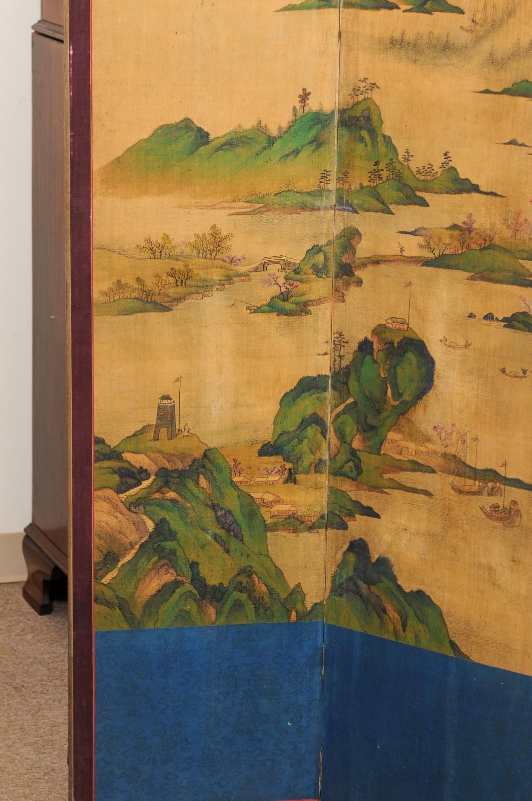 Large 19th Century 10 Panel Asian Painted Paper and Silk Folding Screen with Landscape Design & Blue Accent