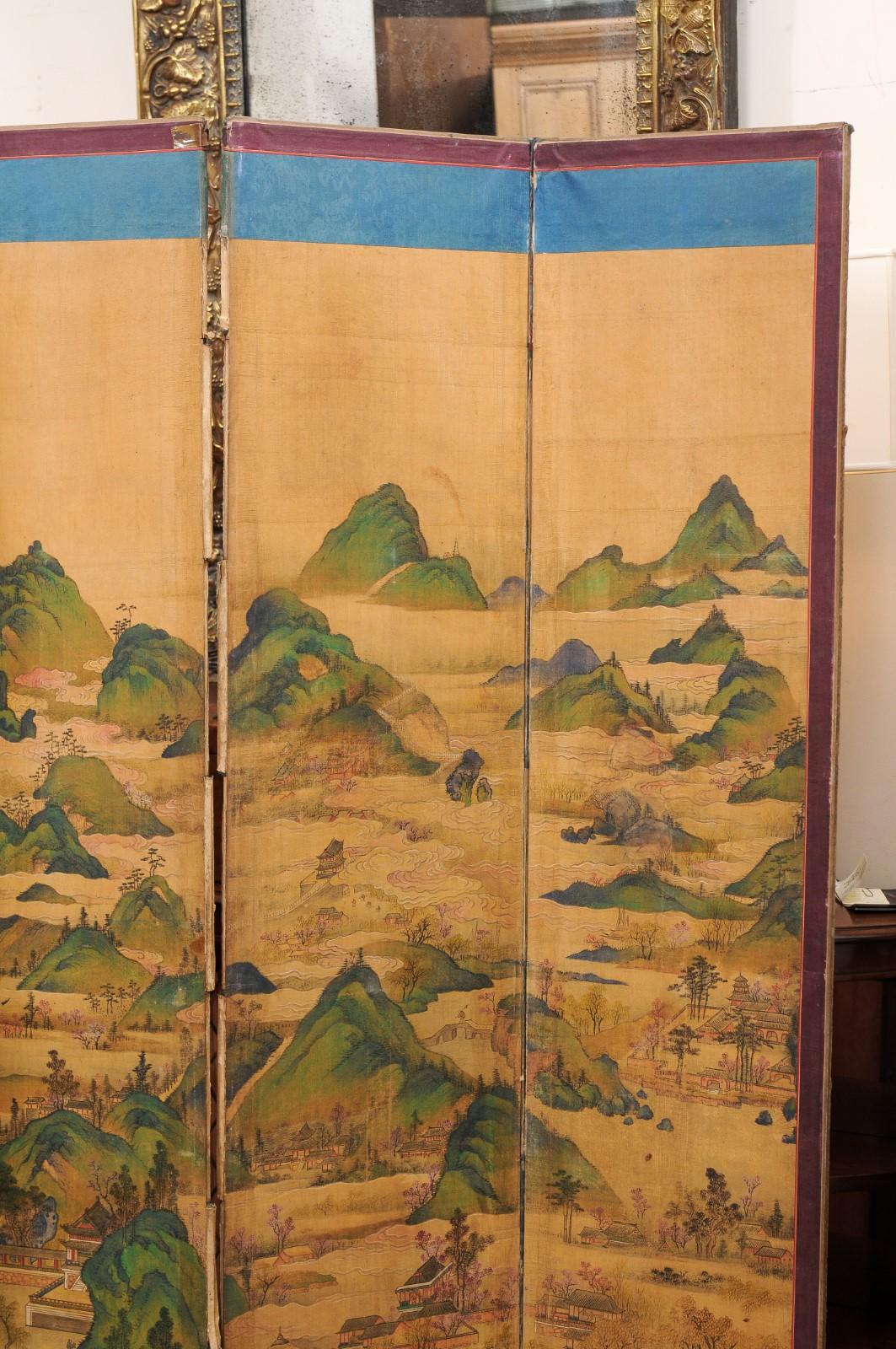 Large 19th Century 10 Panel Asian Painted Paper and Silk Folding Screen  In Good Condition In Atlanta, GA