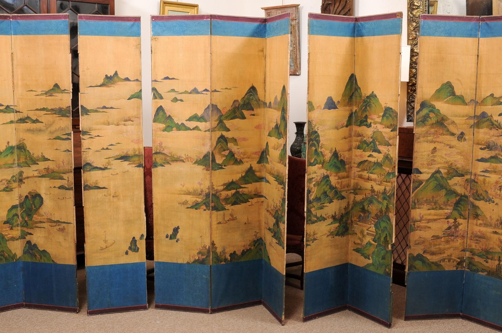 Large 19th Century 10 Panel Asian Painted Paper and Silk Folding Screen  1
