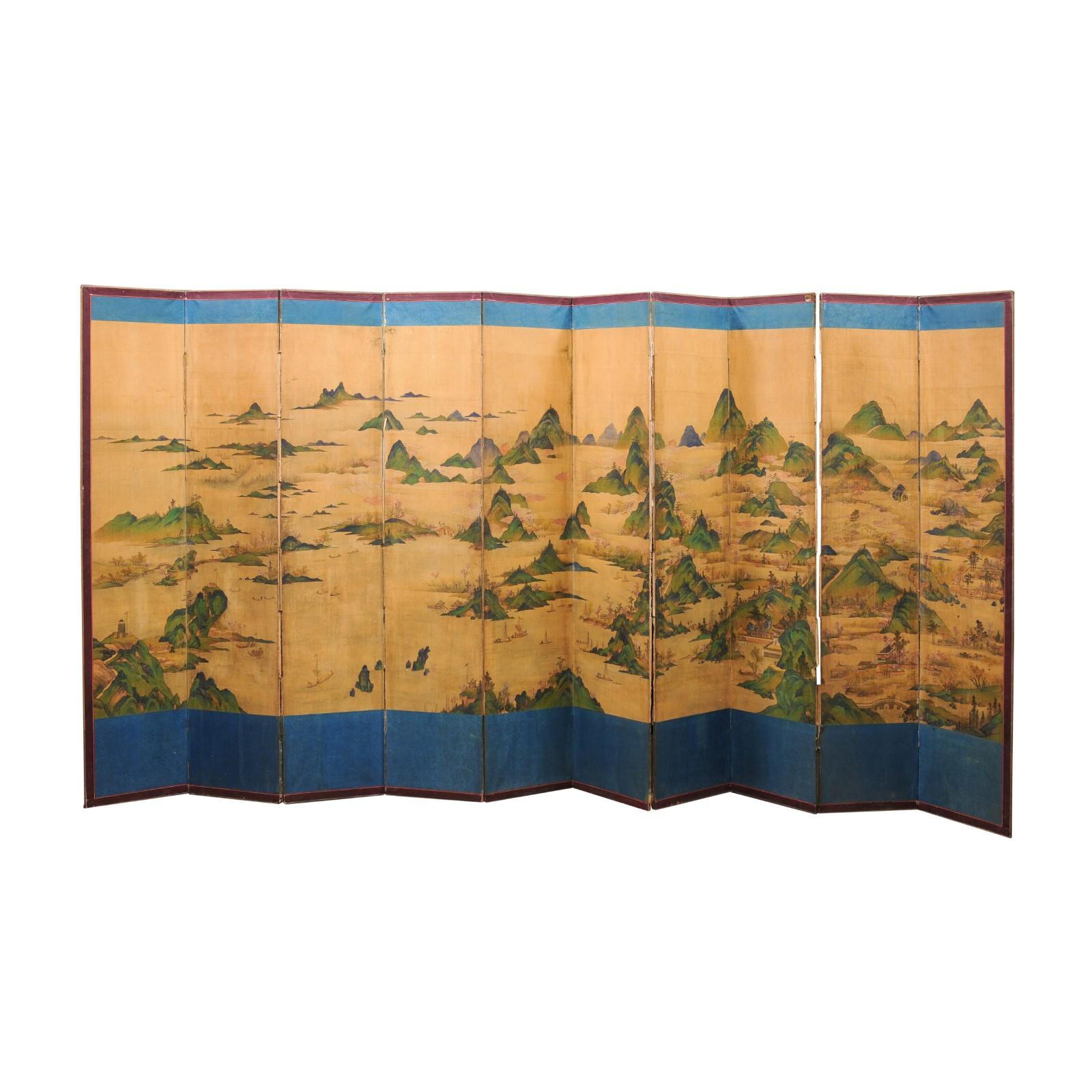 Large 19th Century 10 Panel Asian Painted Paper and Silk Folding Screen  6