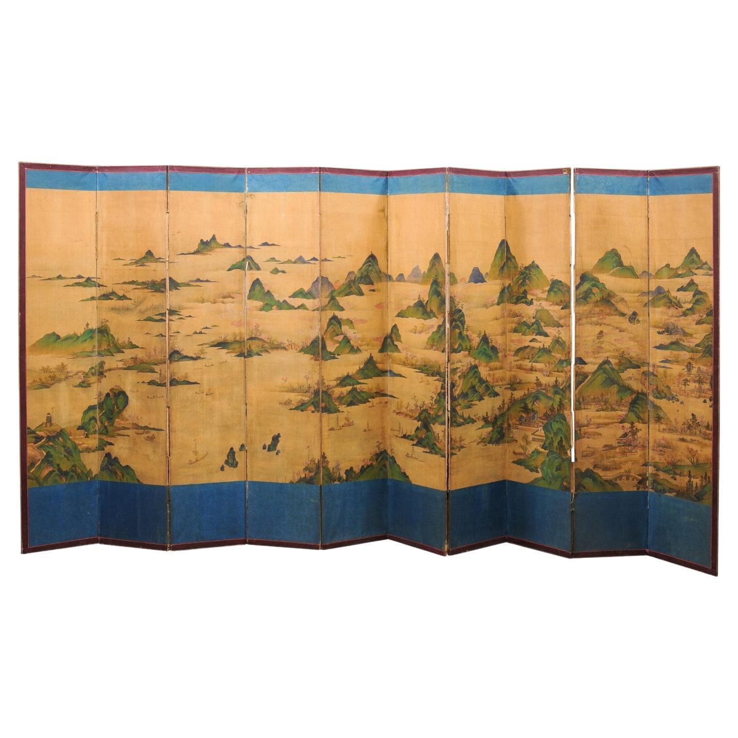 Large 19th Century 10 Panel Asian Painted Paper and Silk Folding Screen 