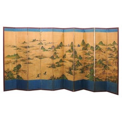 Large 19th Century 10 Panel Asian Painted Paper and Silk Folding Screen 