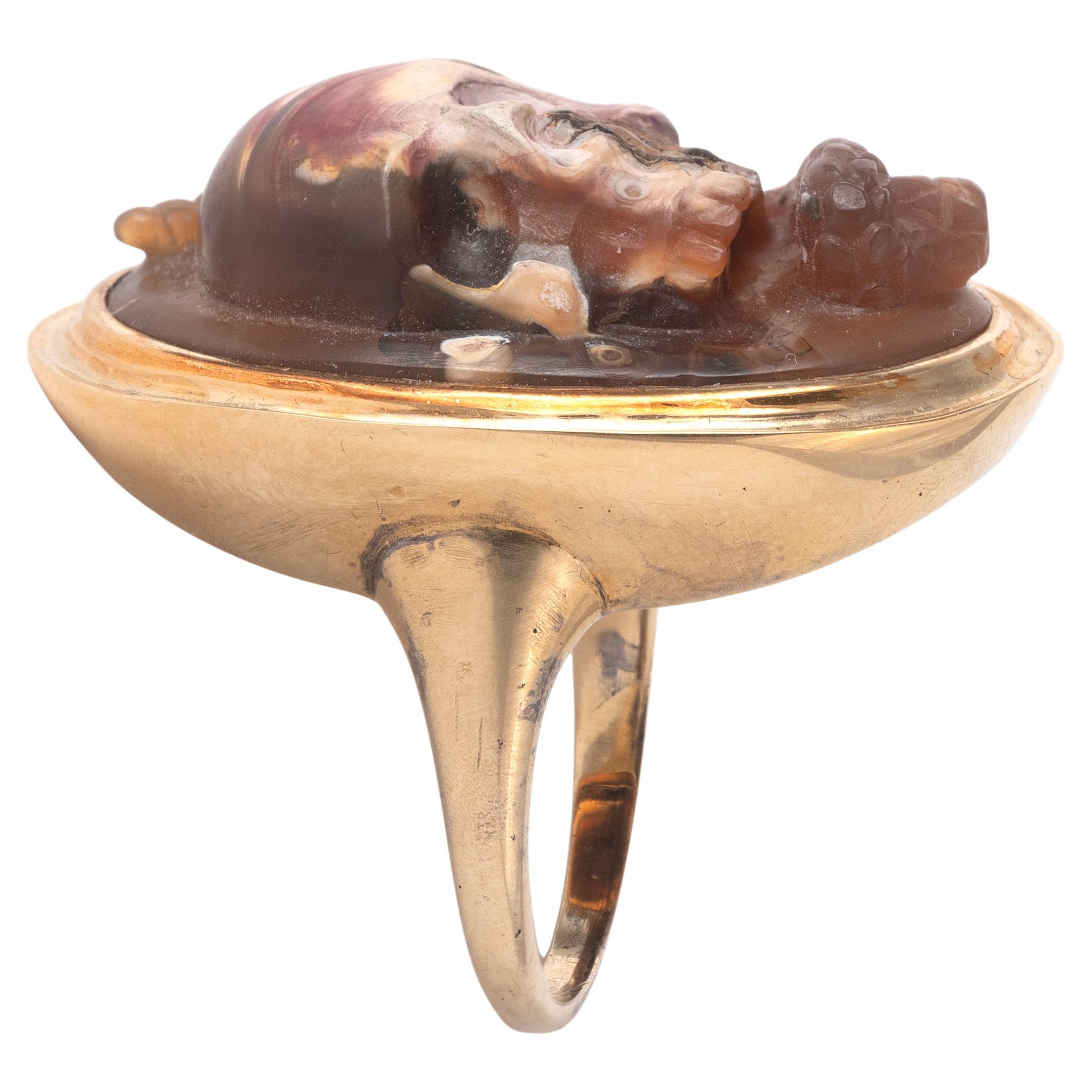 Neoclassical Large 19th Century Agate Cameo Memento Mori Ring For Sale