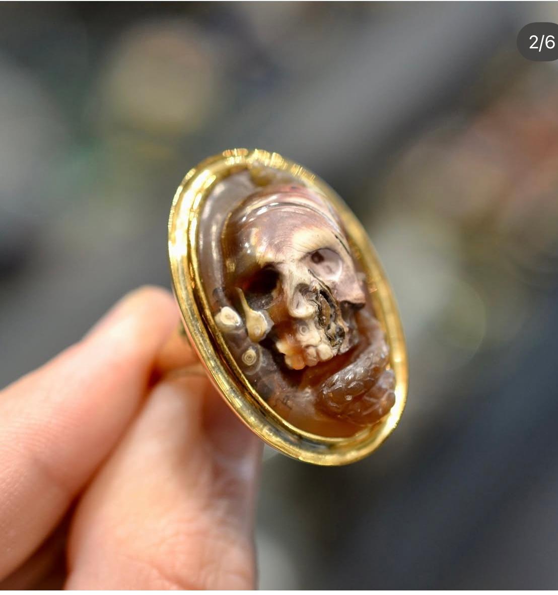 Women's or Men's Large 19th Century Agate Cameo Memento Mori Ring For Sale