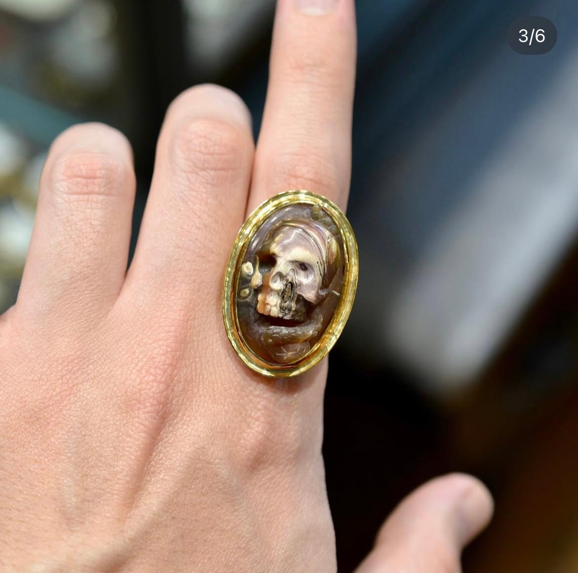 Large 19th Century Agate Cameo Memento Mori Ring For Sale 1