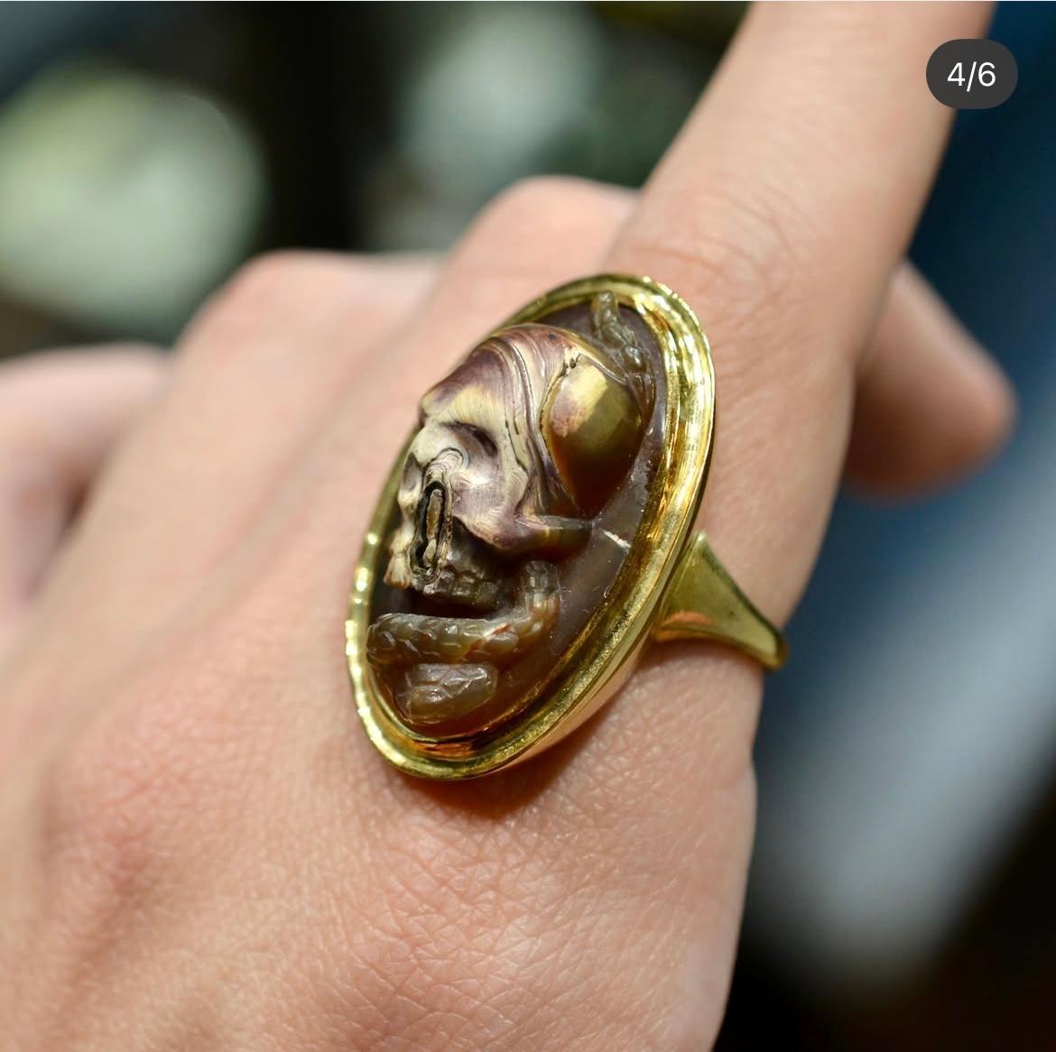 Large 19th Century Agate Cameo Memento Mori Ring For Sale 2