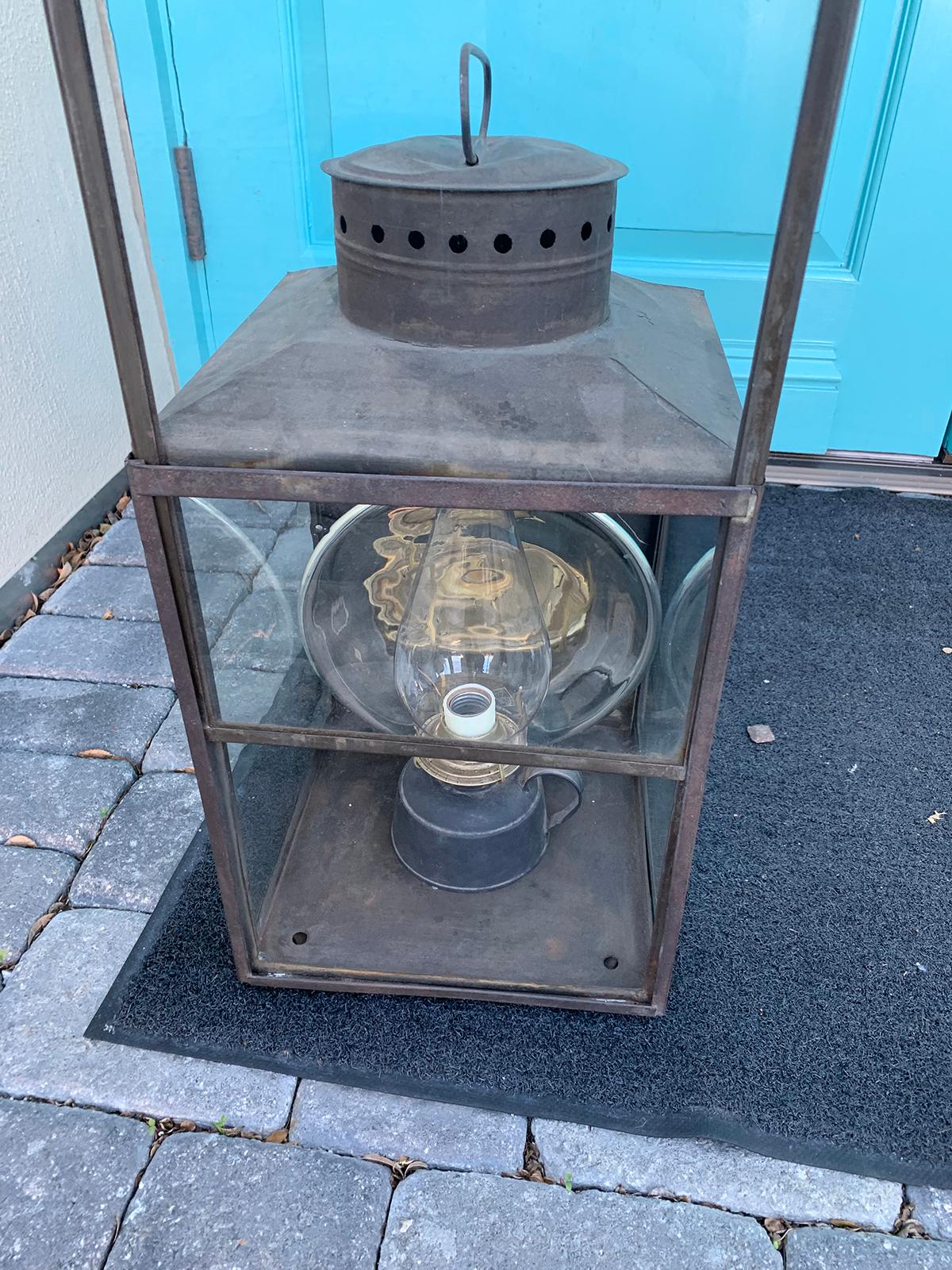 Large 19th Century American Tole Kerosene Lantern with Mercury Glass Reflector 4