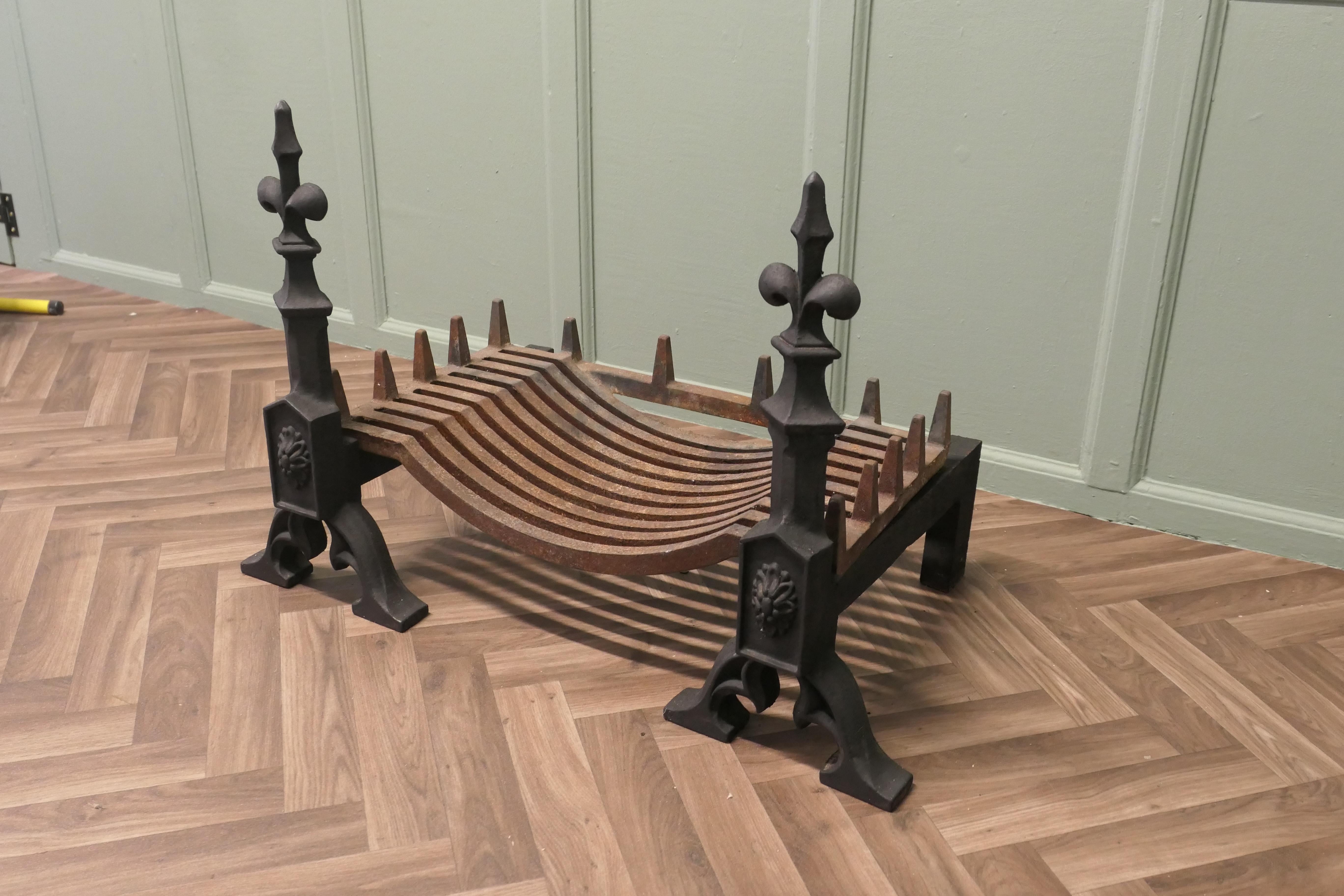 Gothic Large 19th Century Andirons with Grate  These are heavy hand Forged Iron Andiron For Sale