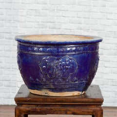 Large 19th Century Annamese Royal Blue Circular Planter with Floral Décor