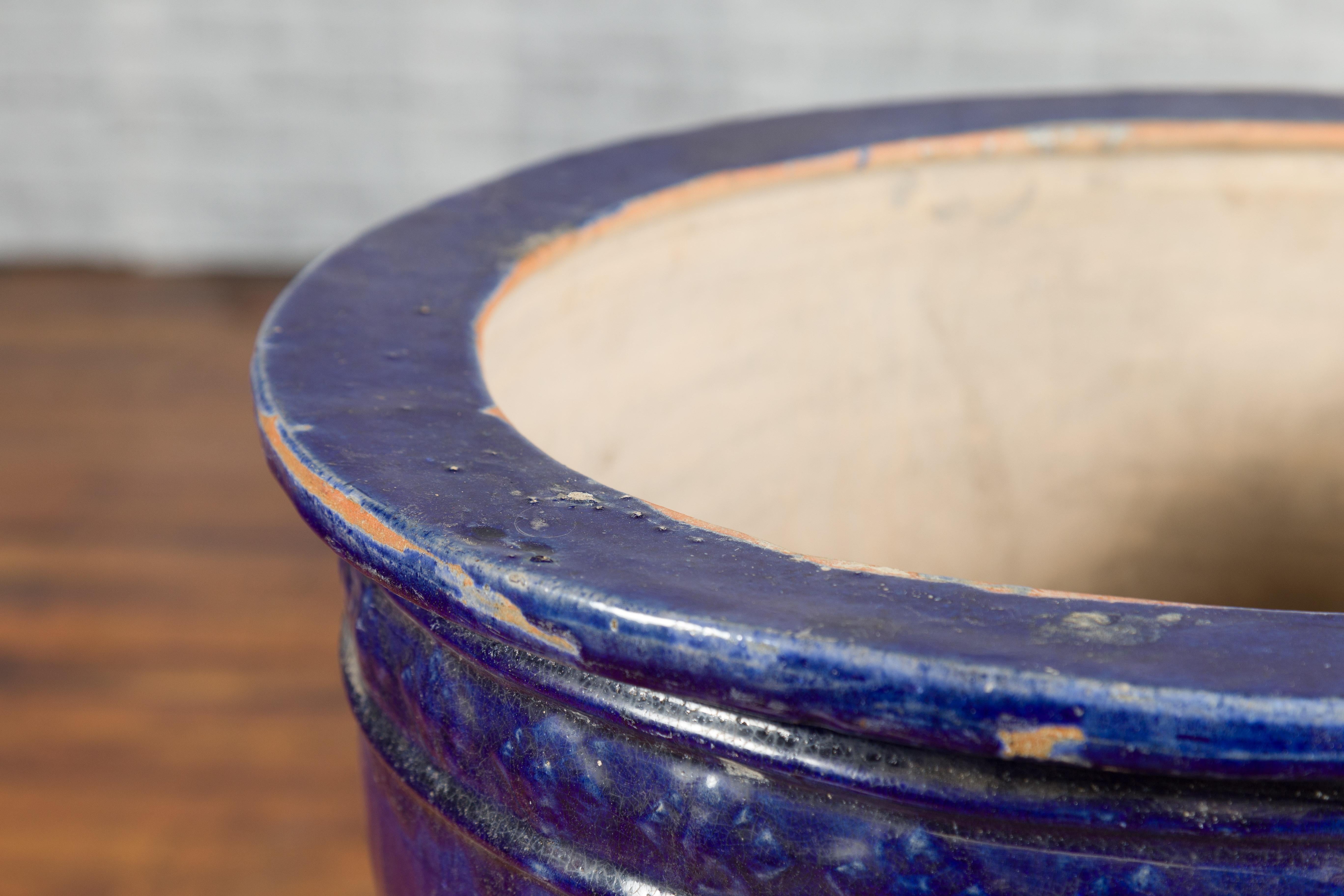 Ceramic Large 19th Century Annamese Royal Blue Circular Planter with Floral Décor For Sale