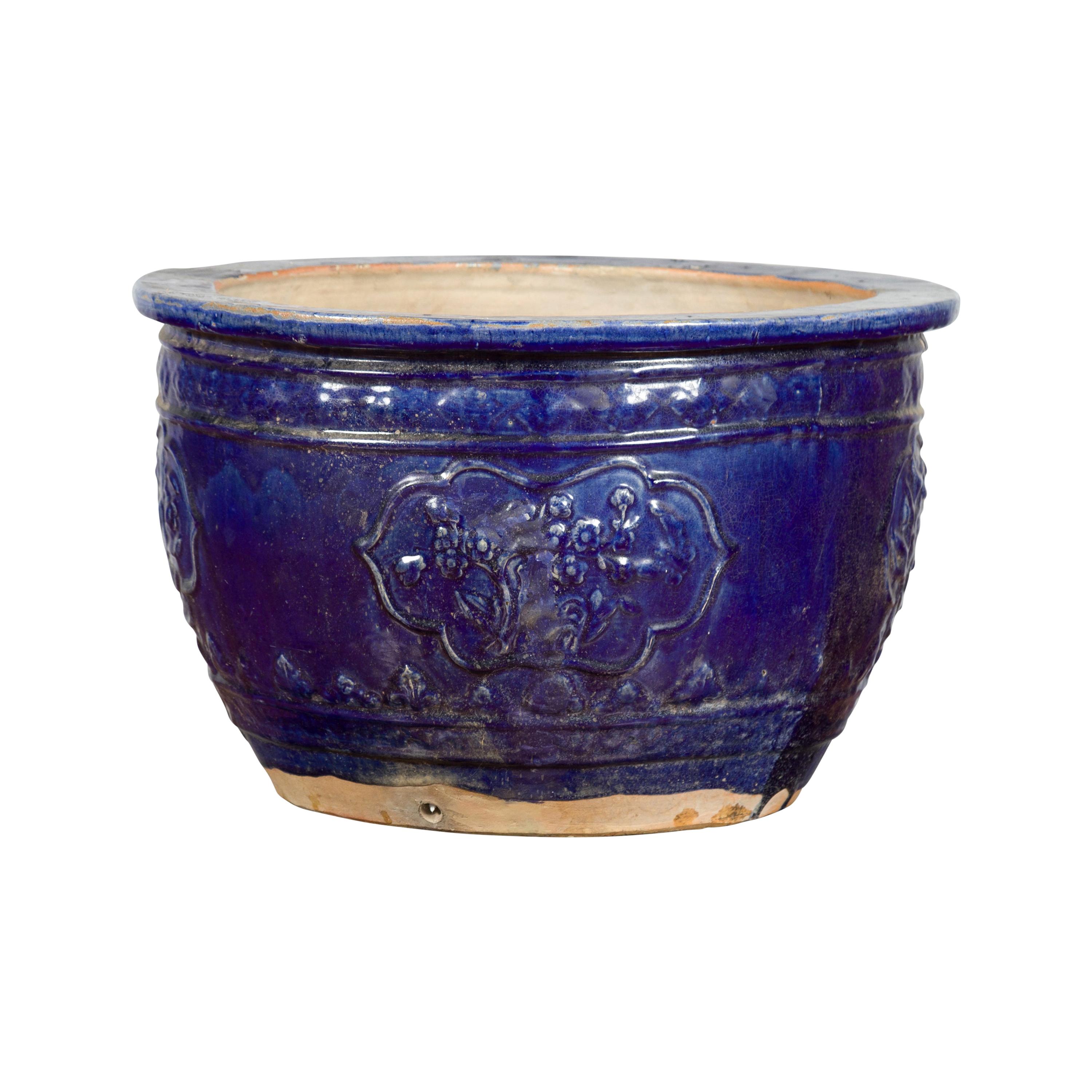 Large 19th Century Annamese Royal Blue Circular Planter with Floral Décor For Sale